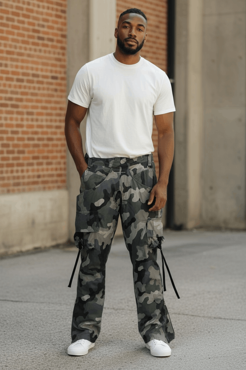 Japanese Brand 🔥Designer Unique Bondage Green Camo Cargo Zipper Leg Flare Size US 31 - 1 Thumbnail