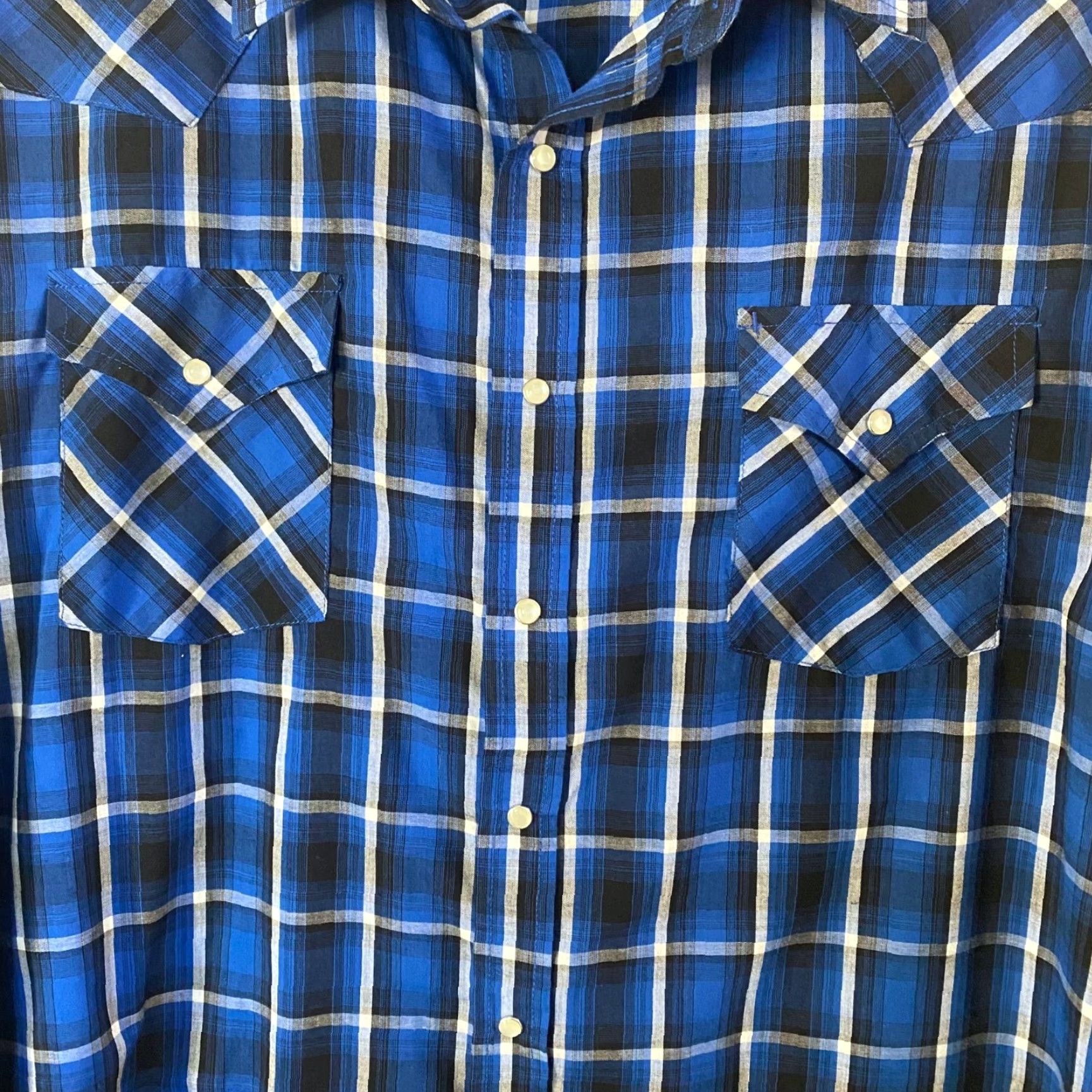 Vintage Plains Western Wear Button-Up Shirt Plaid Blue Long-Sleeve Mens 3XLT Snap Pocket Western Cotton Blend Swingo? Size US XXL / EU 58 / 5 - 6 Thumbnail
