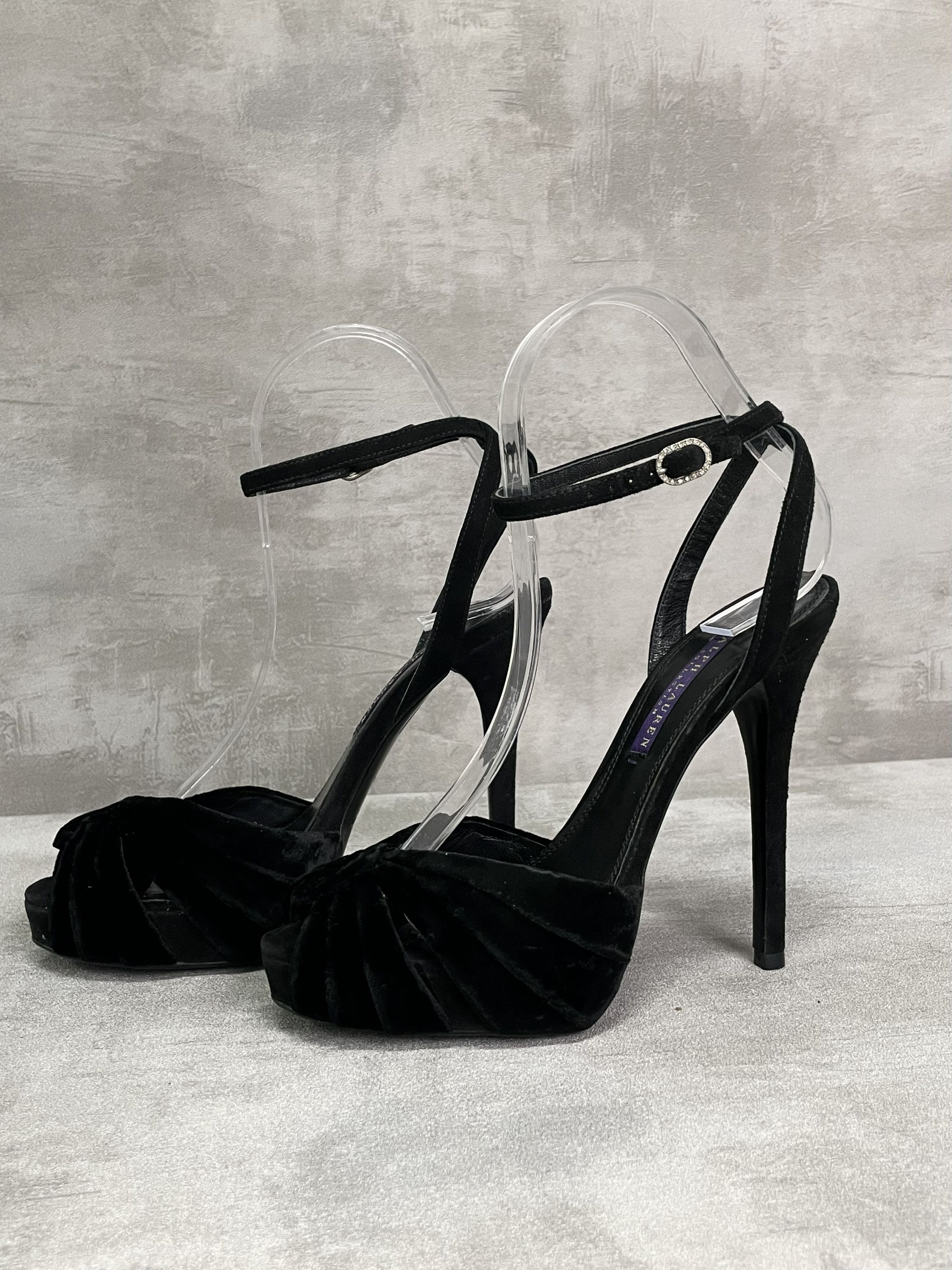 Ralph Lauren Black Platform Heels With Velvet Front And Diamante Buckle Size US 5 / IT 35 - 2 Thumbnail
