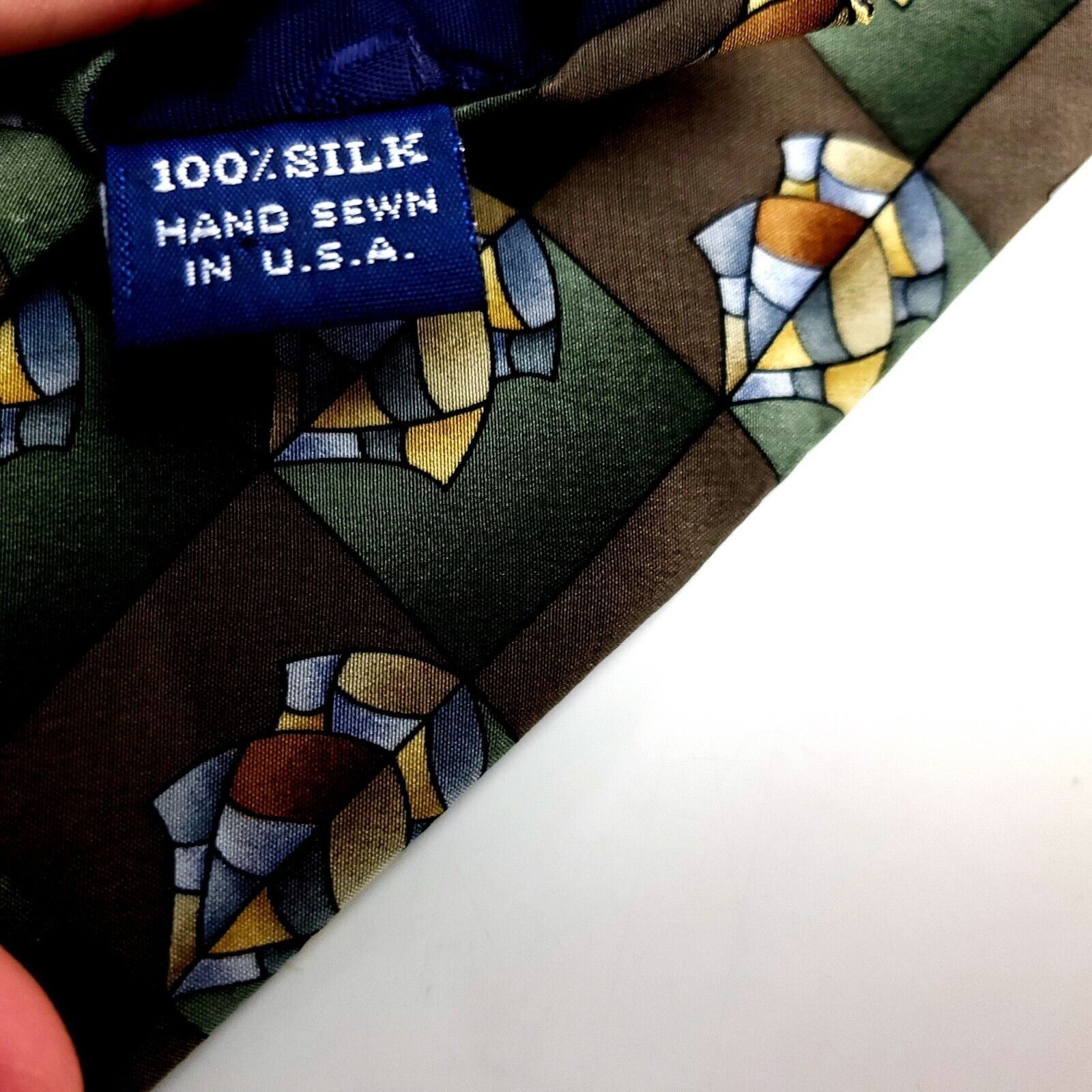 Vintage Cocktail Collection Silk Tie Green Brown Geometric USA Hands Size ONE SIZE - 7 Thumbnail