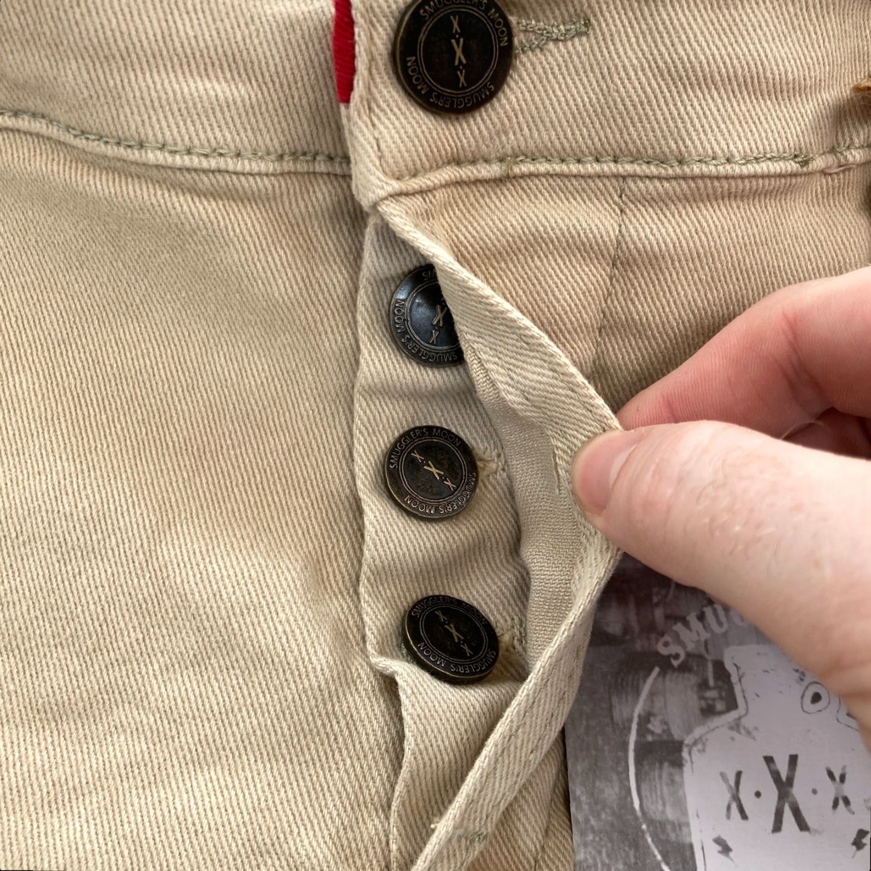 Denime Smugglers Moon Jeans Mens 40x33 Khaki Beige Denim Button Fly Roll Up Distressed Size US 40 / EU 56 - 7 Thumbnail
