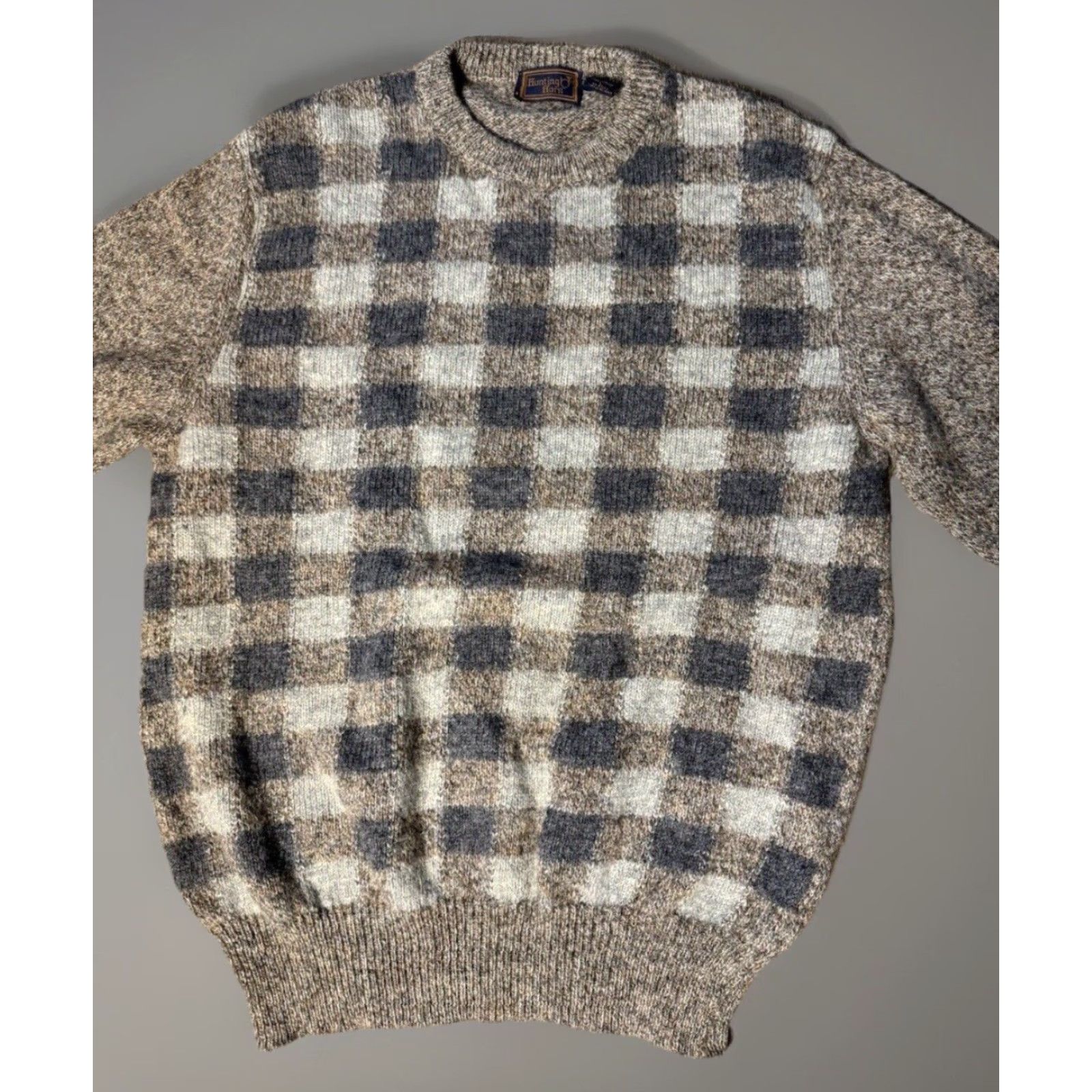 Vintage VINTAGE Hunting Horns Sweater Checkered Knit Wool Italian Made Large Crew Neck Long Sleeve Unisex Adults 90s Gray Size US L / EU 52-54 / 3 - 3 Thumbnail