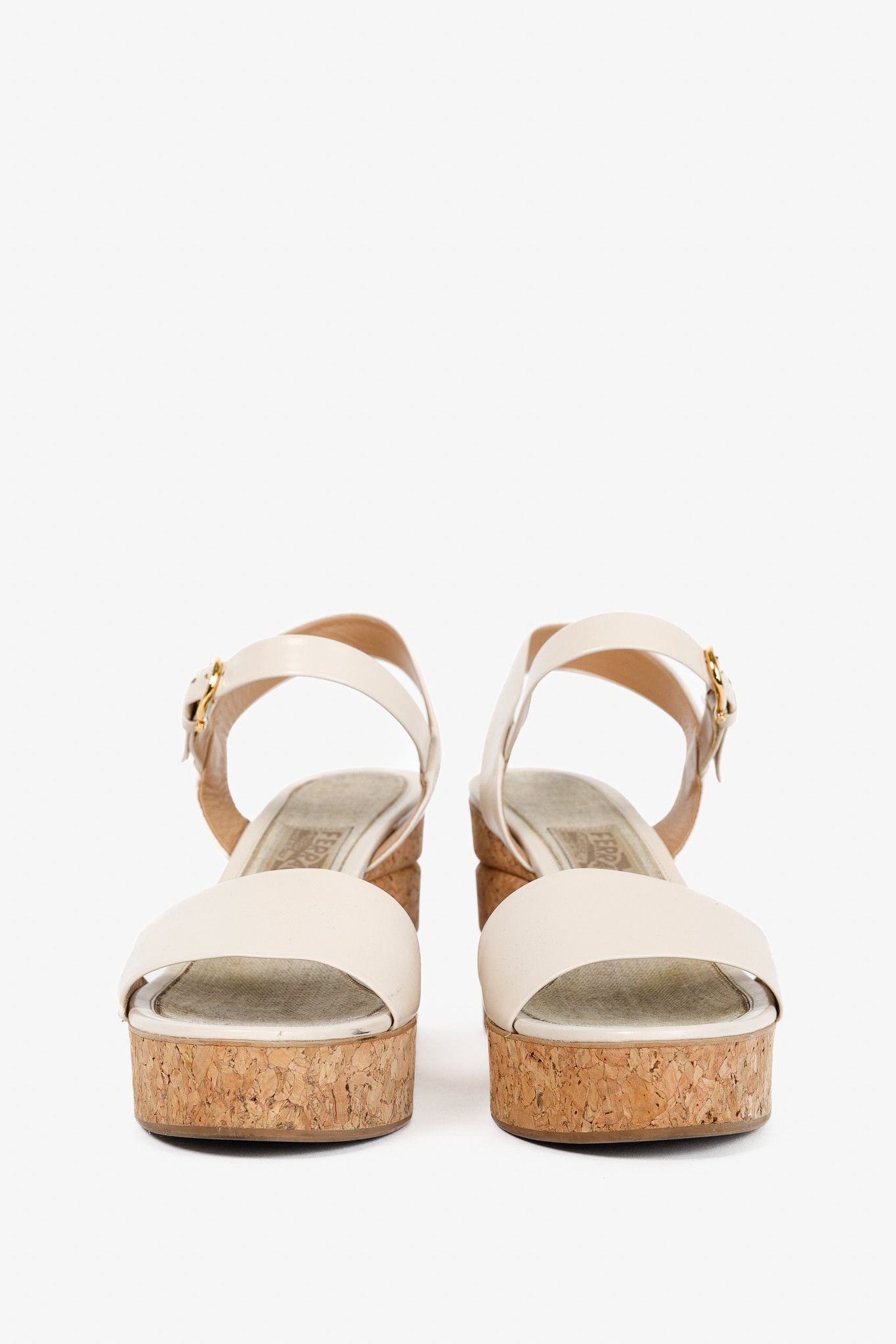 Salvatore Ferragamo Salvatore Ferragamo Madea Cream Leather & Cork Wedge Sandals Size US 8 / IT 38 - 2 Thumbnail