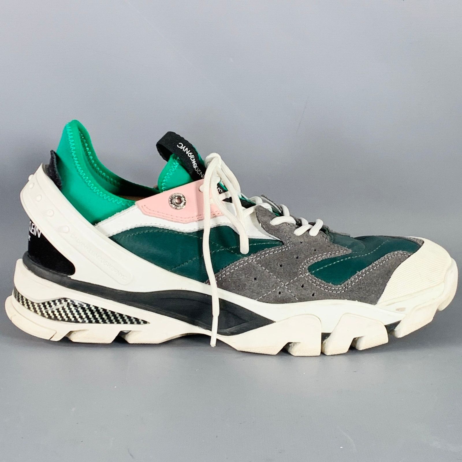 Calvin Klein 205W39NYC CALVIN KLEIN Green Grey Pink Color Block Leather Sneakers Size US 11 / EU 44 - 2 Thumbnail