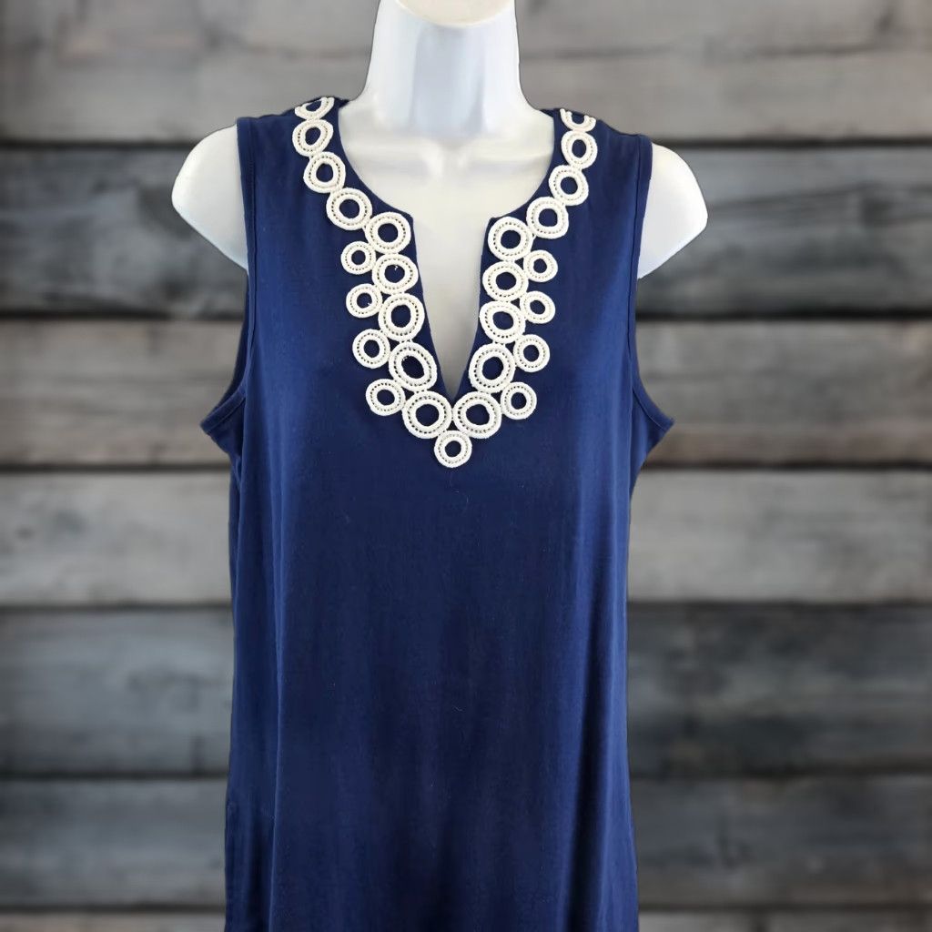 Lands' End Lands End Womens Dress Sz Small Blue White Sleeveless Pockets Cotton A-Line Kn Investment? Size S / US 4 / IT 40 - 1 Thumbnail