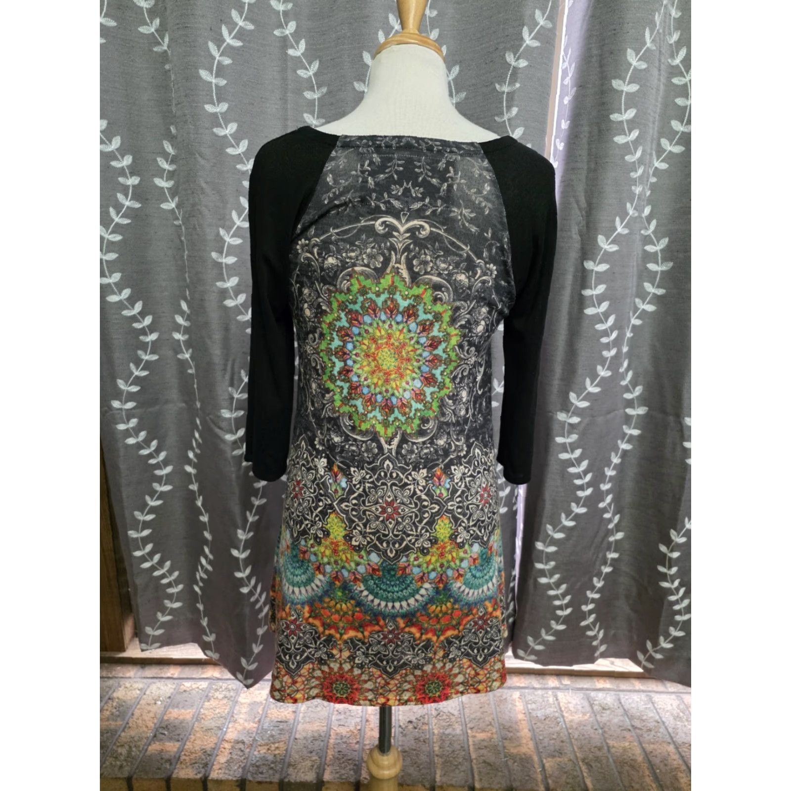Vintage VINTAGE Amma Hippie Art Psychedelic Geometric 3/4 Sleeve Shirt Dress M Green Womens Fashion Size M / US 6-8 / IT 42-44 - 3 Thumbnail