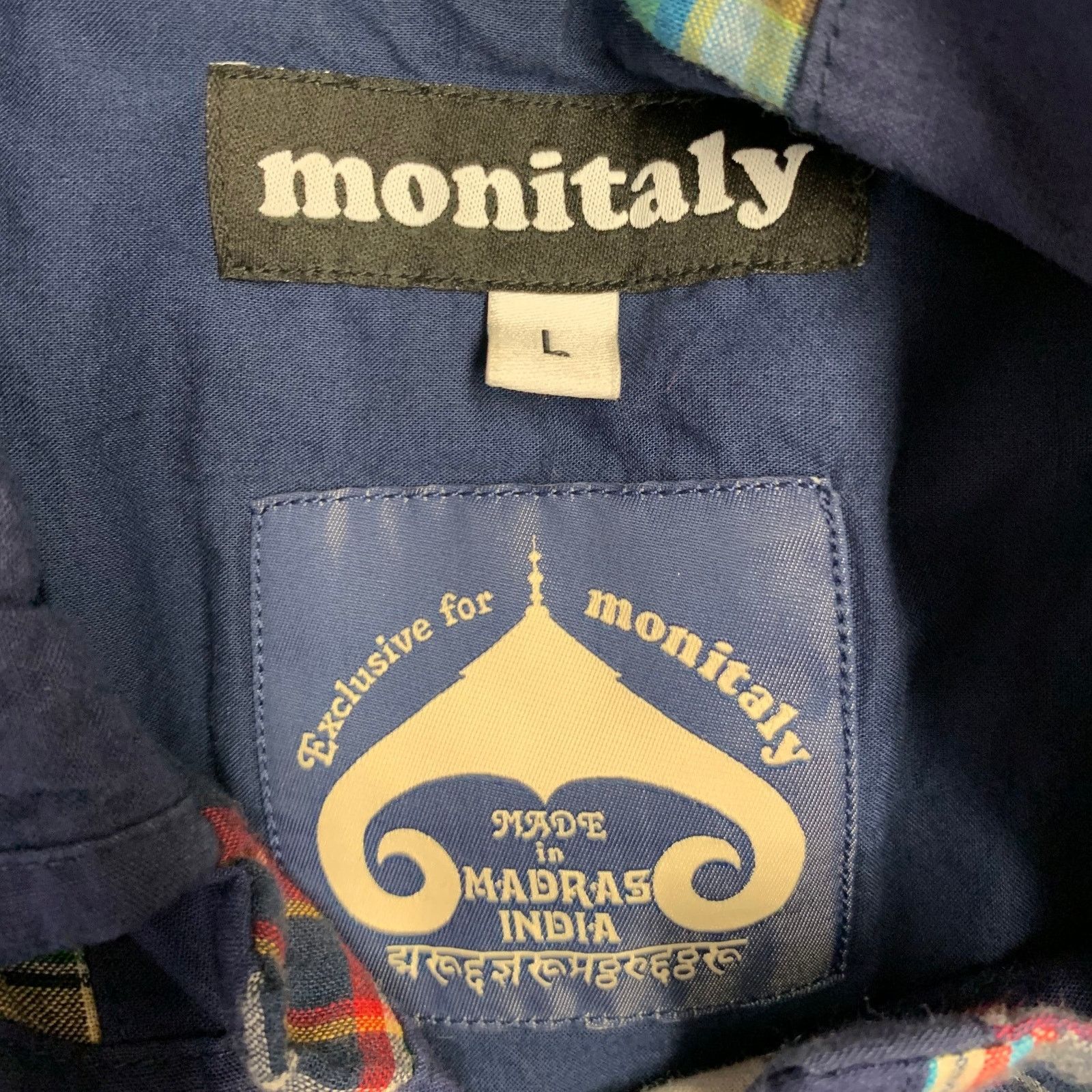 Monitaly Navy Multi Color Madras Cotton Two Pockets Short Sleeve Size US L / EU 52-54 / 3 - 5 Thumbnail