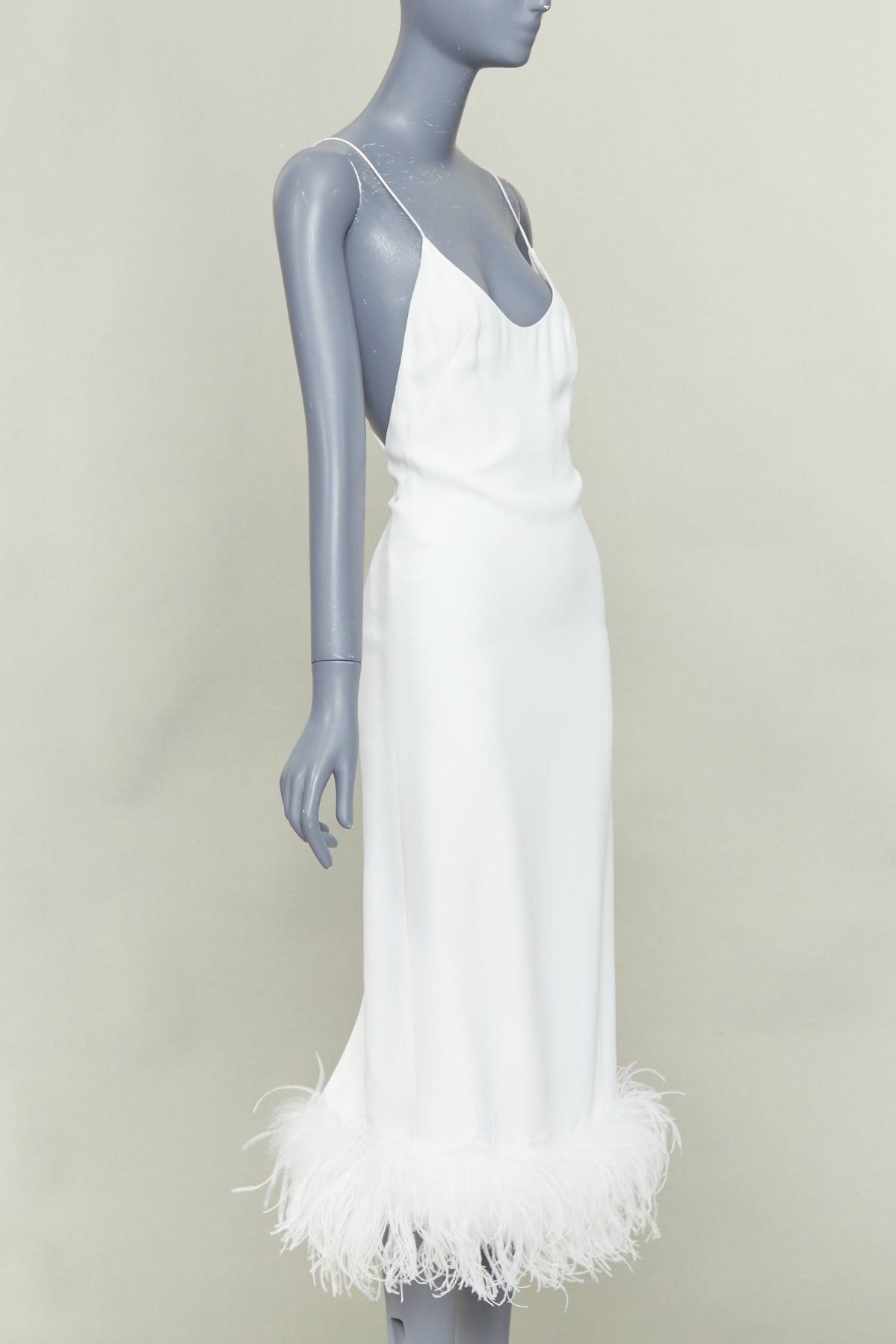 Miu Miu 2022 Bridal White Viscose Stretch Cady Feather Hem Slip Dress It38 Xs, Women's