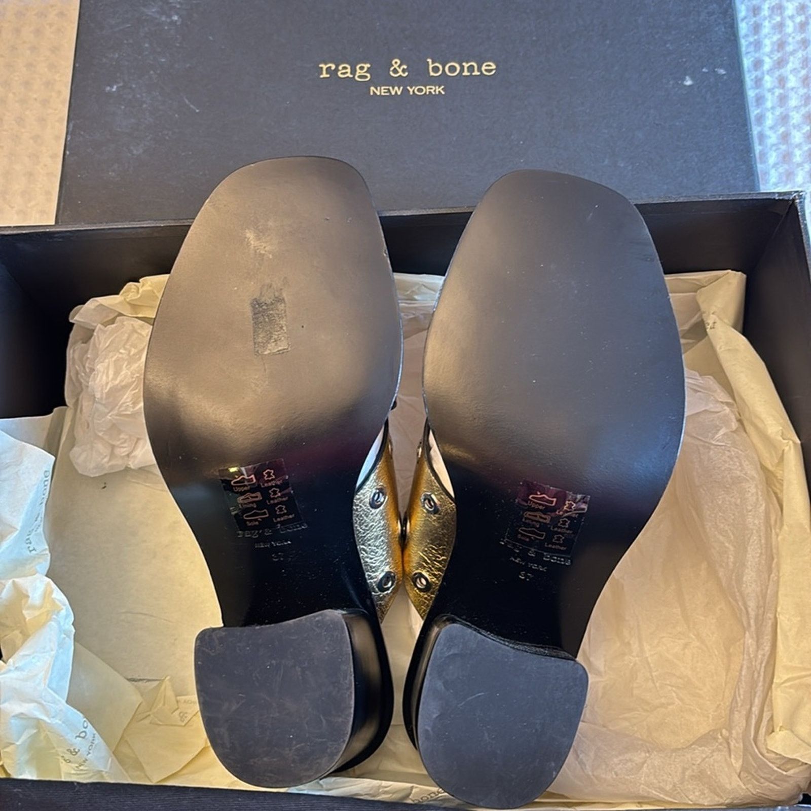 Rag & Bone NEW! Rag & Bone 7 Paige Grommet Gold Black Slide Sandal Heel Size US 7 / IT 37 - 8 Thumbnail
