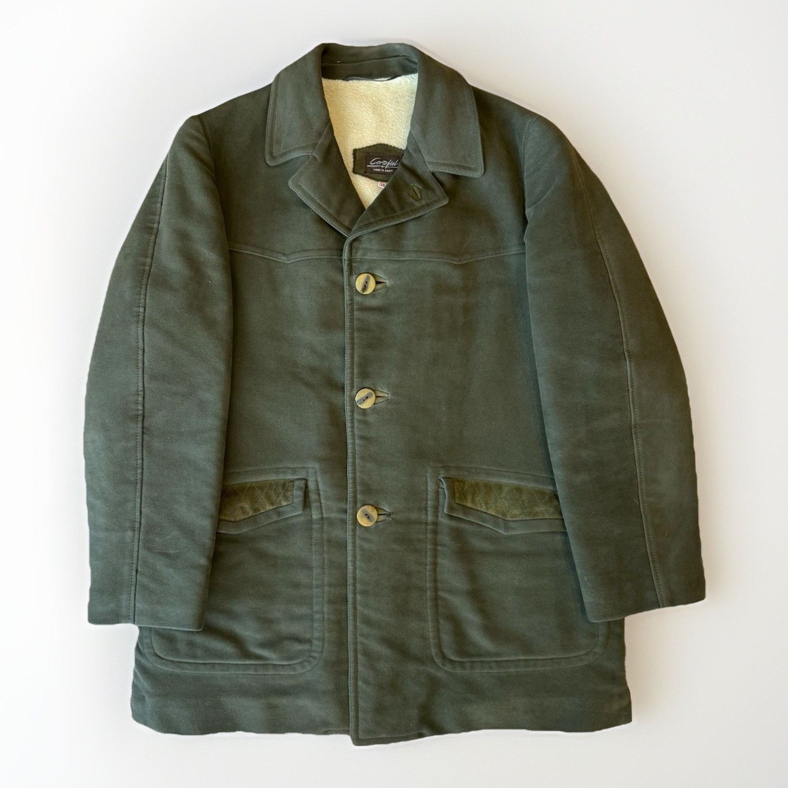 Vintage Cortefiel Coat 38 Green Made Spain Fur Lined Heavy