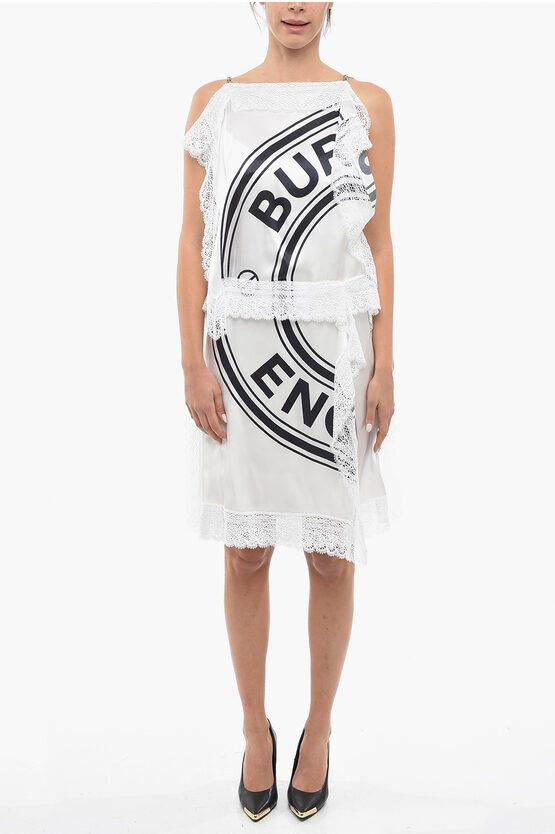 Image of Burberry Silk Midi Dress With Logo Print And Lace Details in White, Women's (Size XS)