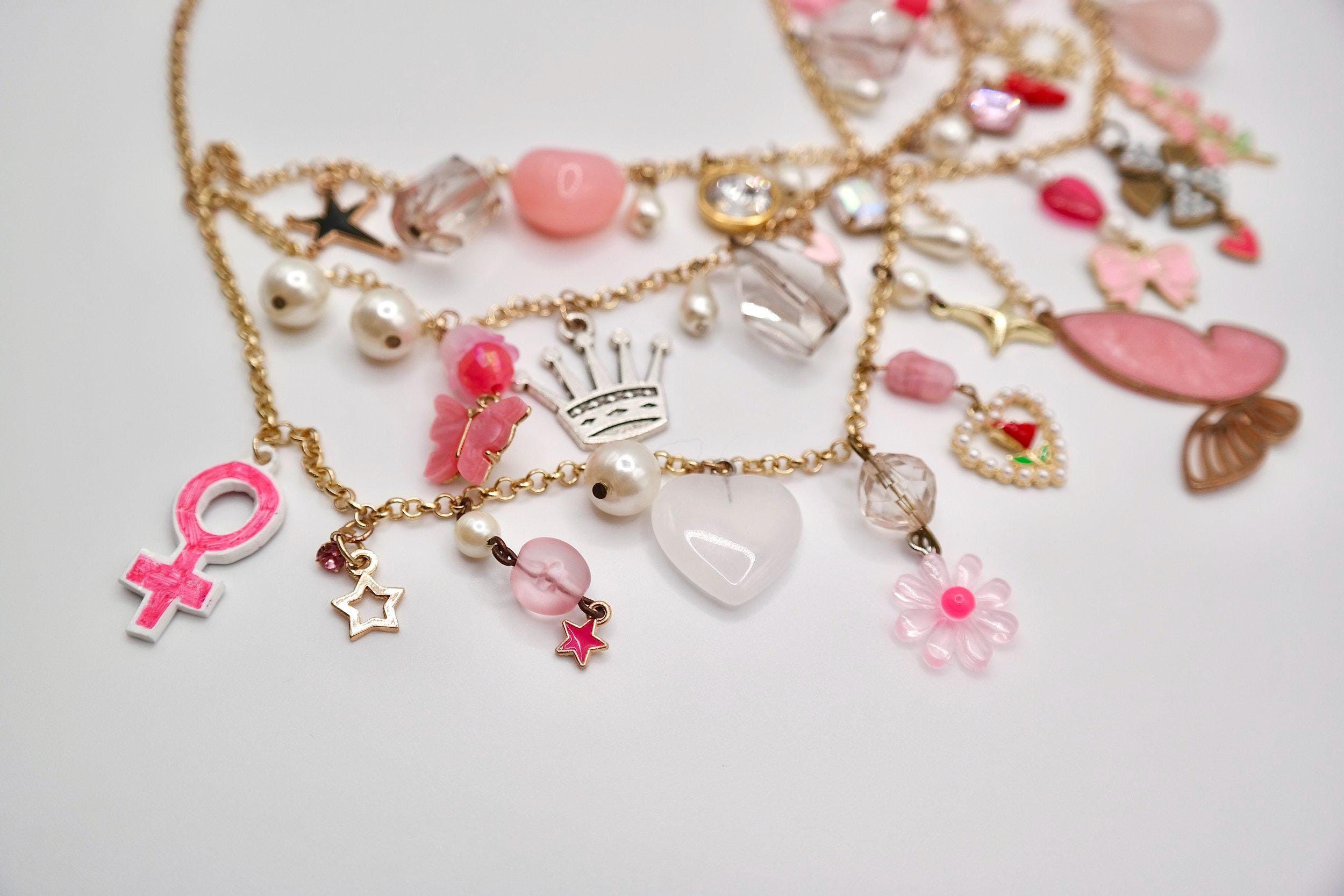 Handmade Manic Pixie Dream Girl Pink & Gold Charm Necklace Size ONE SIZE - 4 Thumbnail