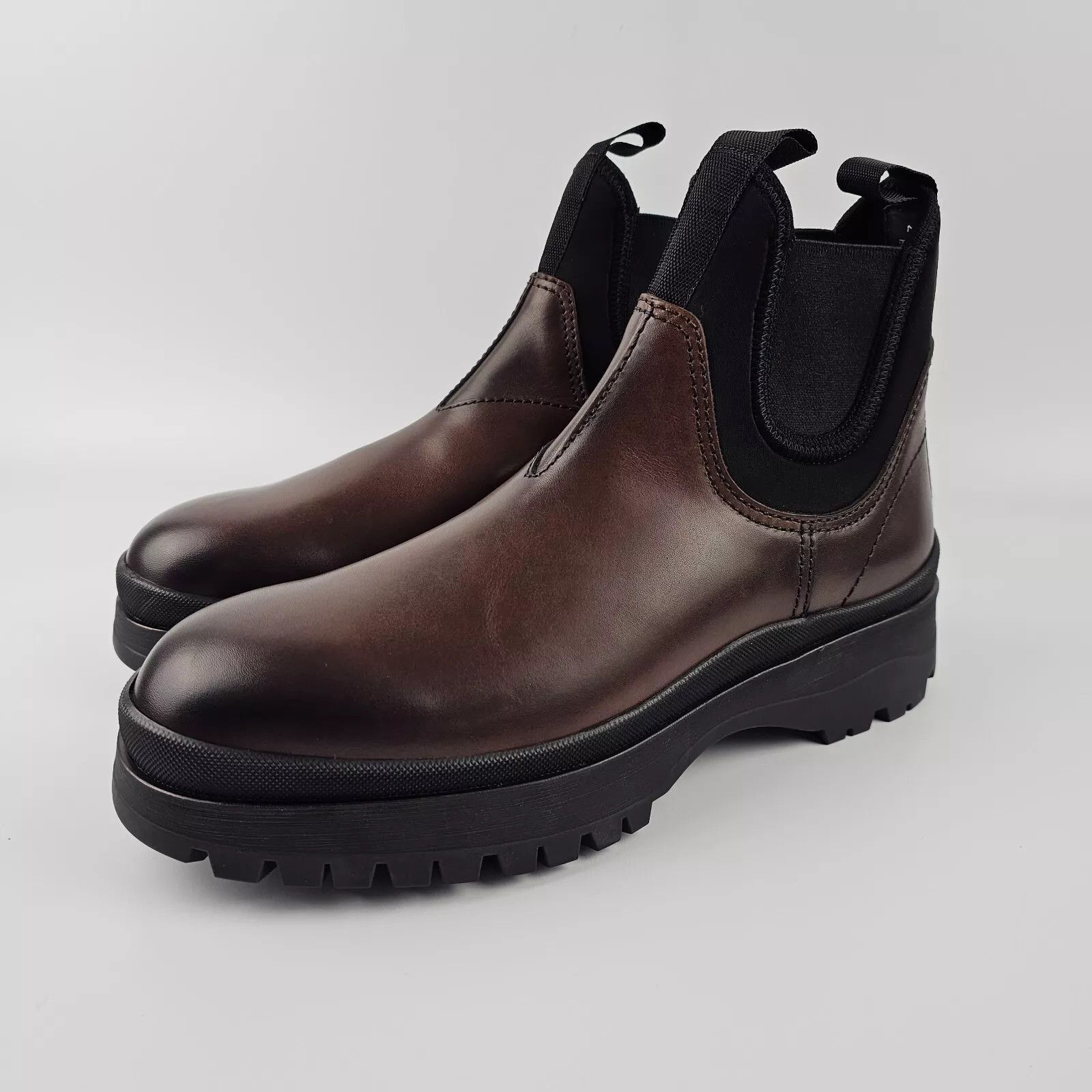 PRADA Brown Leather Stretch Fabric Chelsea Boots