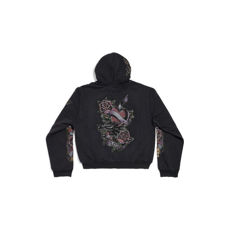 Balenciaga o1tr1nto0426 Tacky Tattoo Zip-Up Hoodie Small Fit in Black Size S / US 4 / IT 40 - 2 Thumbnail