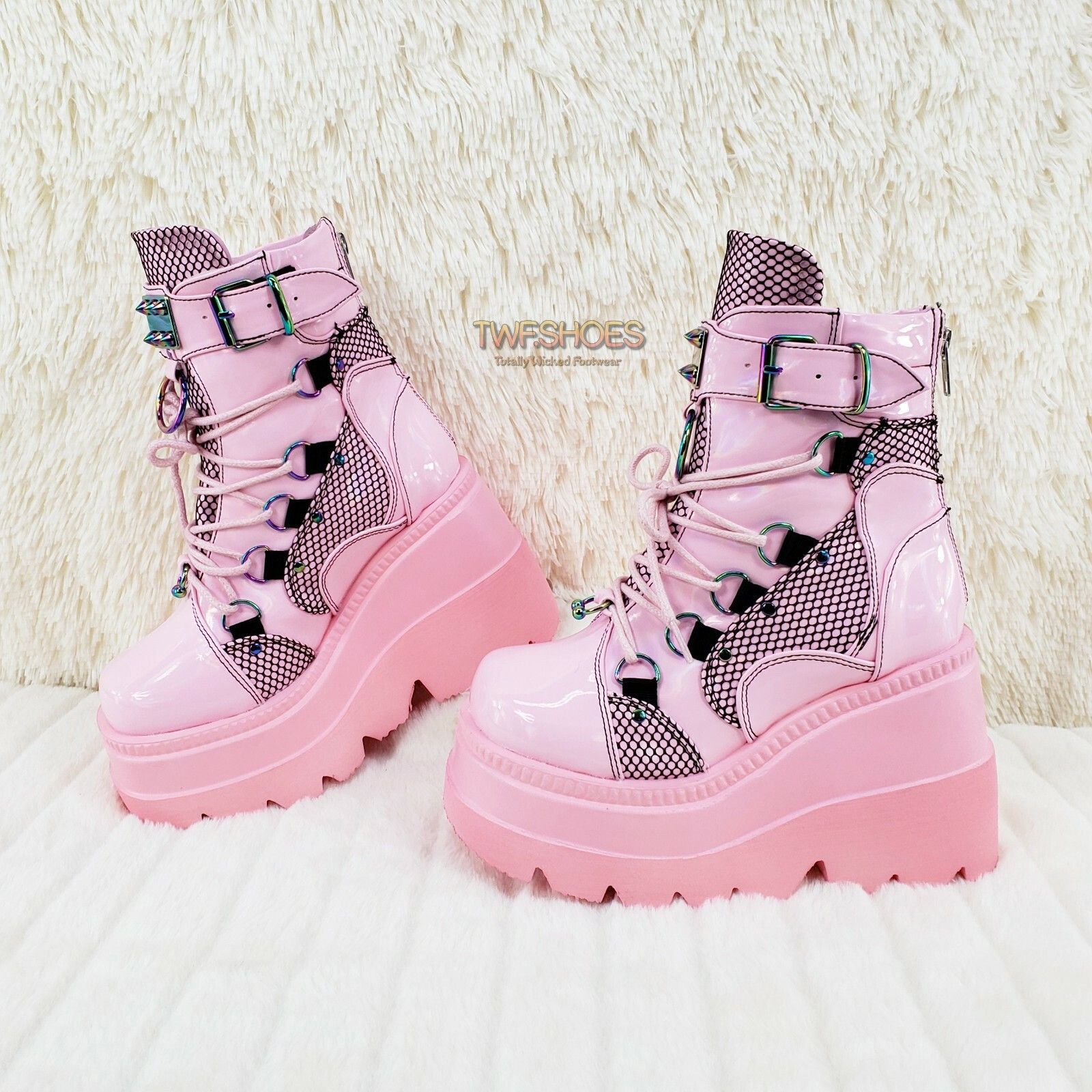 Demonia Cult DEMONIA Shaker 60 Baby Pink Patent Platform 4.5" Wedge Heel Size US 7 / IT 37 - 3 Thumbnail