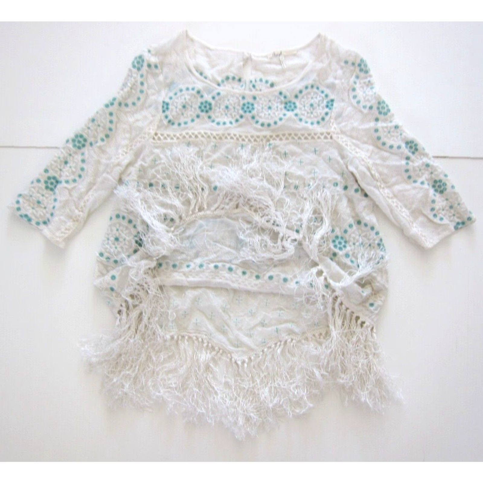 Anthropologie VINTAGE Floreat Anthropologie Cotton White Green Embroidered Fringe Tunic Blouse 8 Size M / US 6-8 / IT 42-44 - 7 Thumbnail