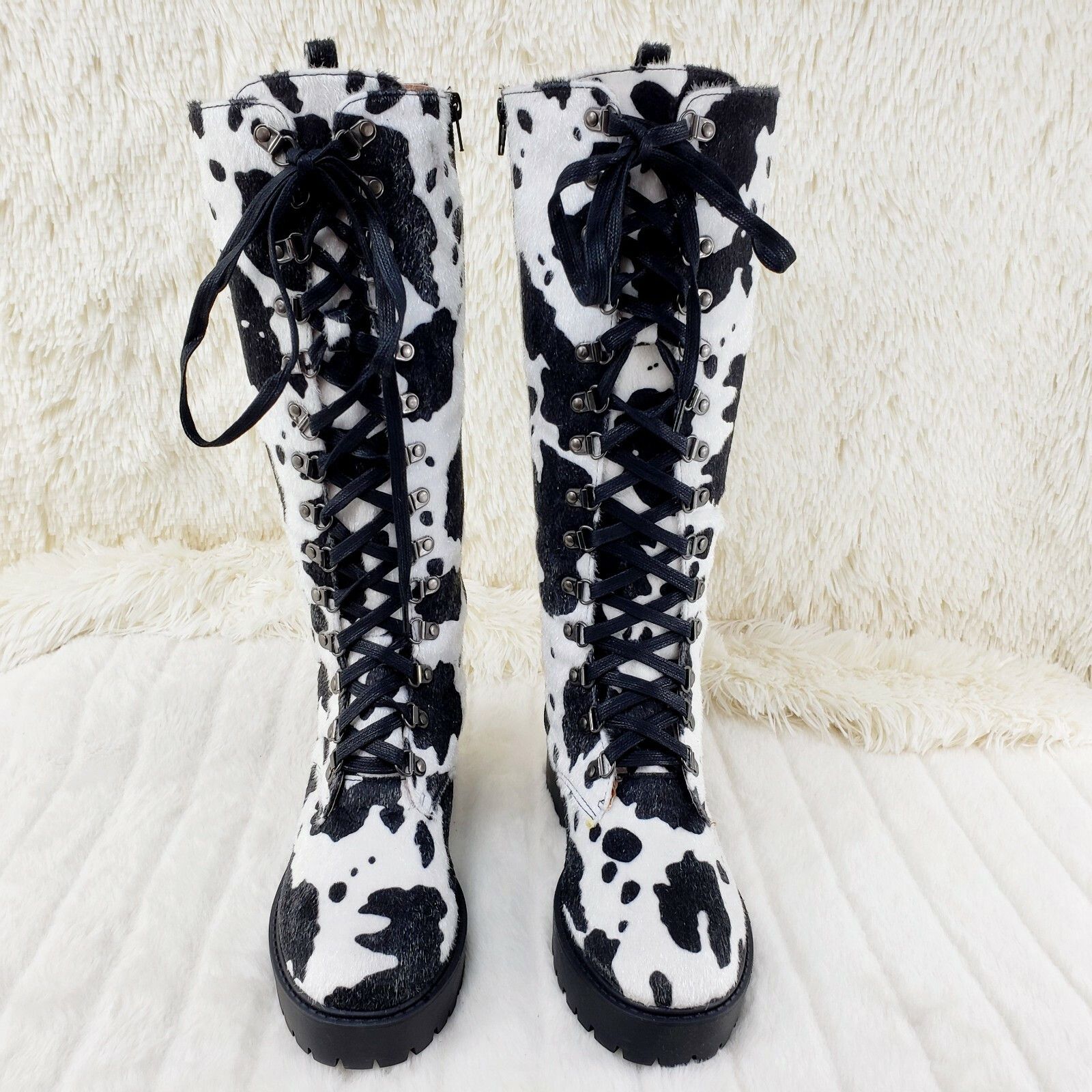 Other Savage Goth Punk Rock Faux Cow Fur Lace Up Platform Combat K Size US 6 / IT 36 - 6 Thumbnail