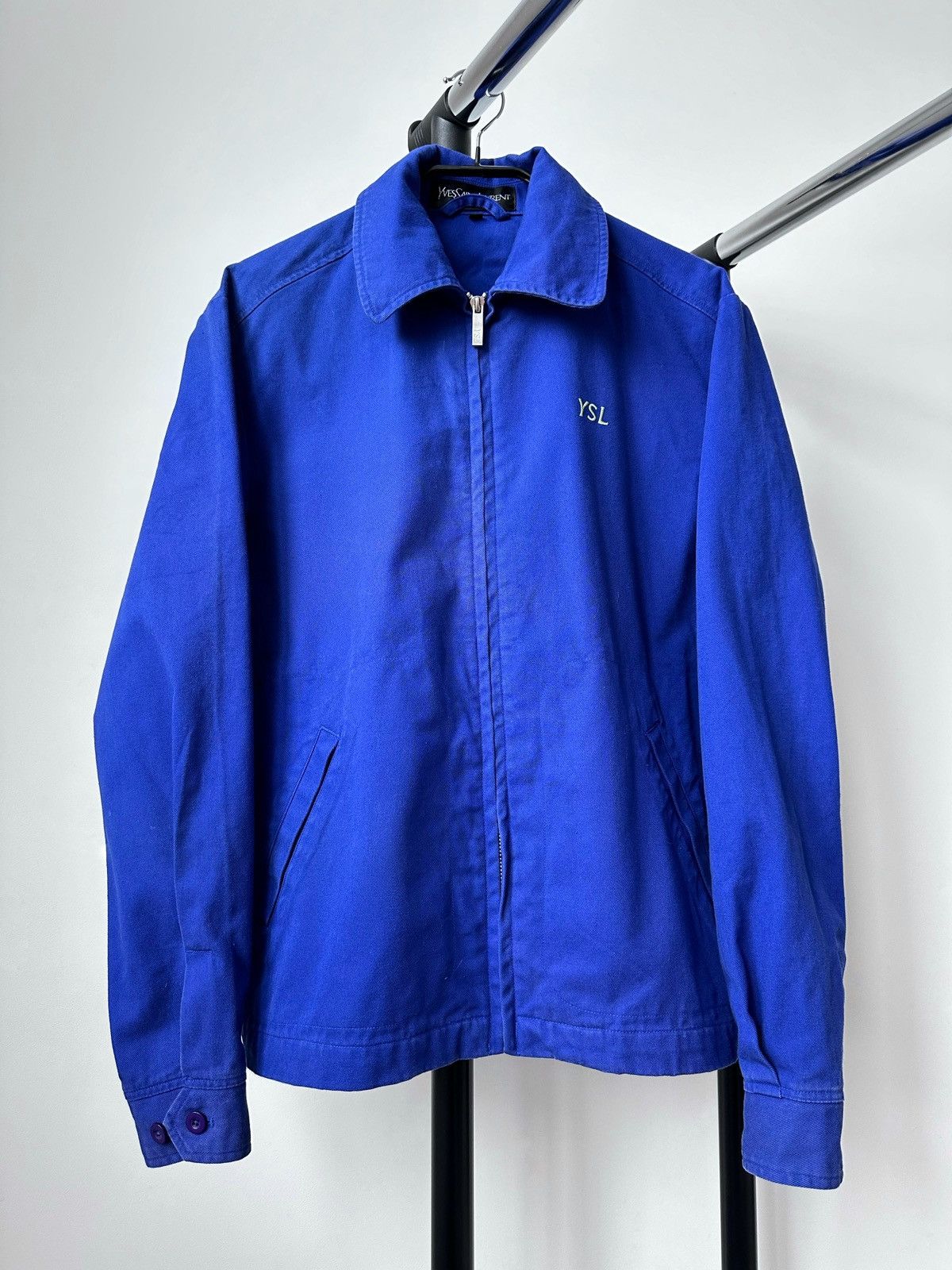 image of Vintage 90's YVES Saint Laurent YSL Logo Blue Cotton Jacket, Men's (Size Small)