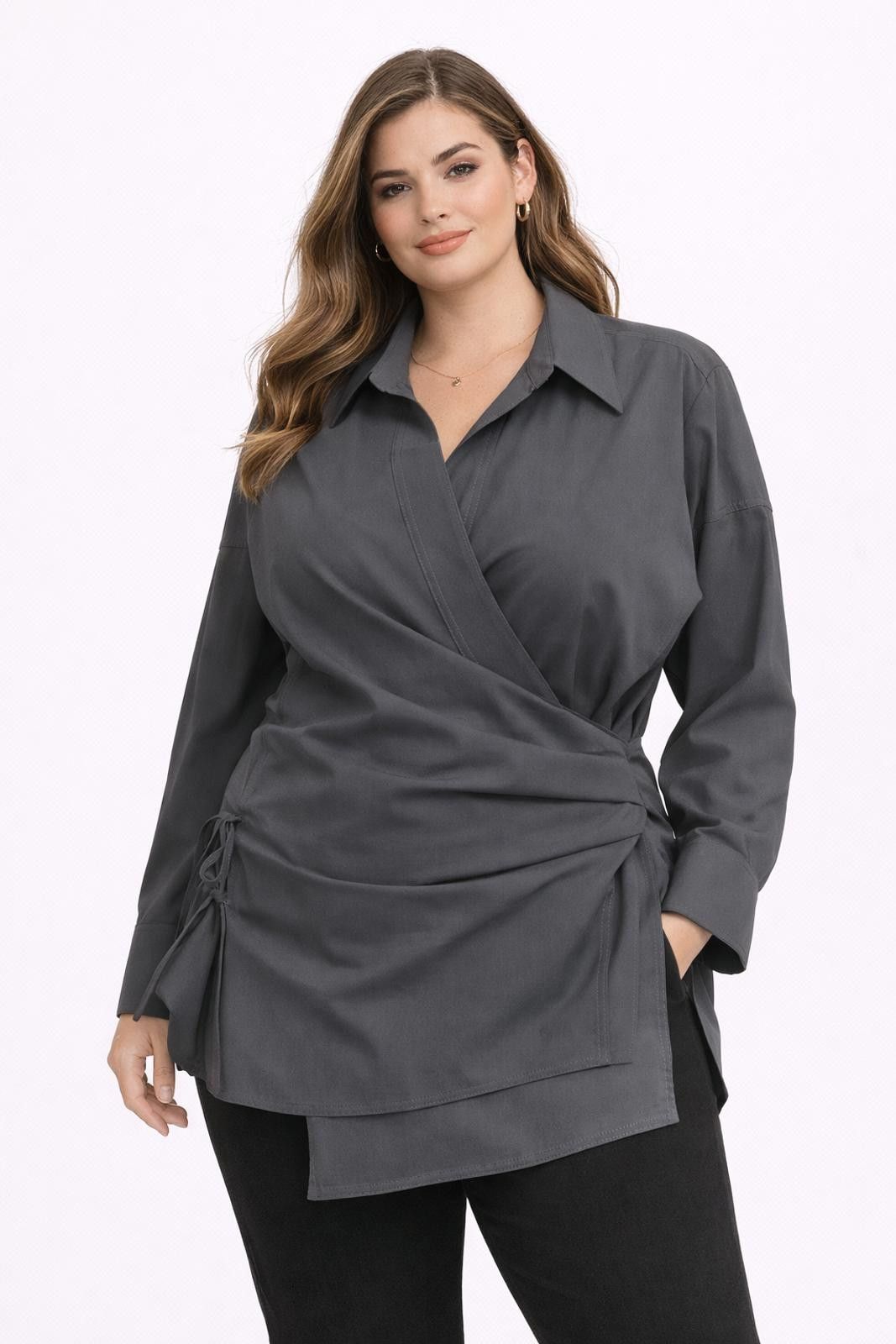 ZARA Gray Wrap-Style Long Sleeve Shirt