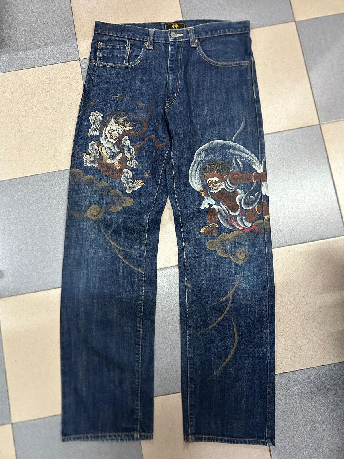 Japanese Brand Vintage Japanese Hand-Painted Fujin Raijin Zen Kyoto Jeans Size US 32 / EU 48 - 2 Thumbnail