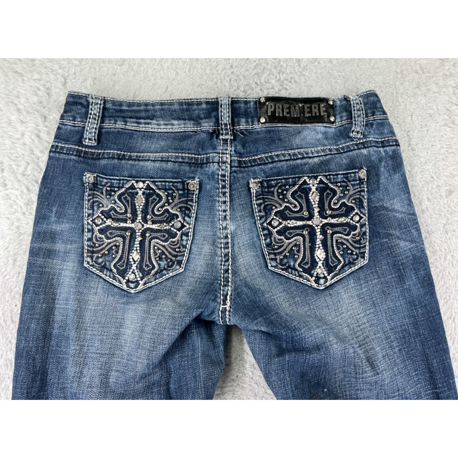 Vintage Premiere Jeans Women 7 Blue Denim Distressed Embroidered Rhinestone Studded 5-Pocket Straight Slim Jeans Fall Spring Summer Womens Size 28" / US 6 / IT 42 - 3 Thumbnail