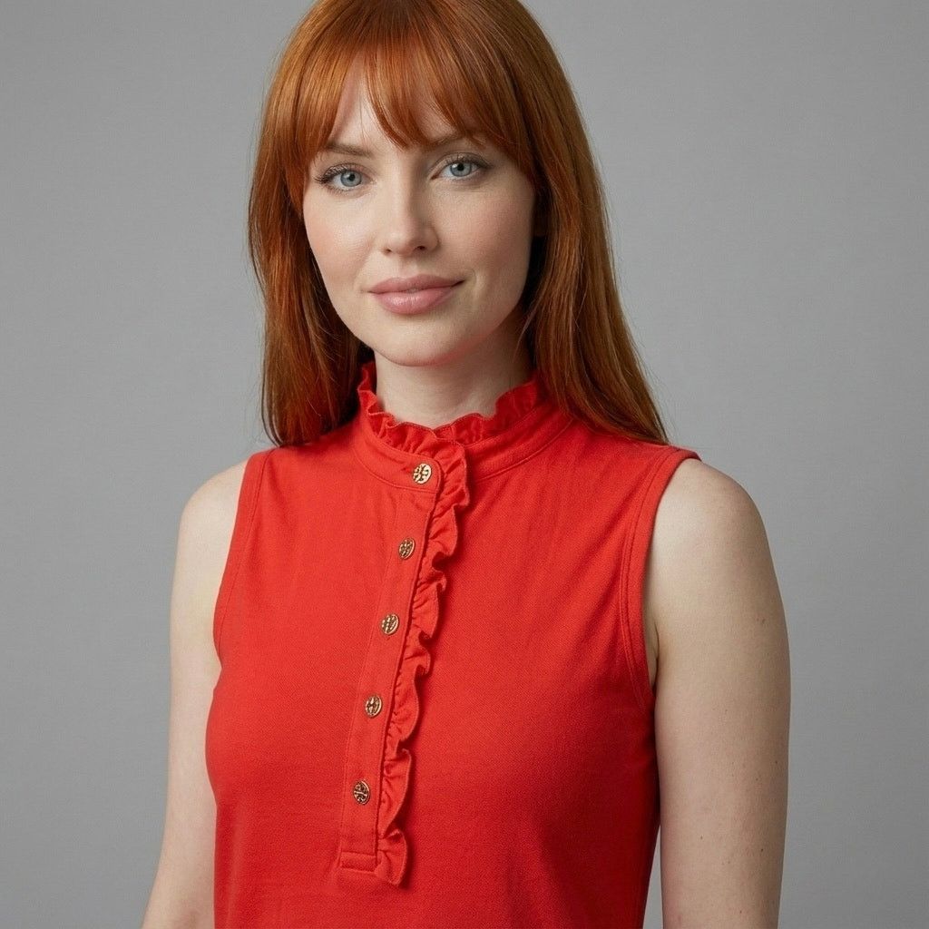 Tory Burch Tory Burch Red Orange Ruffle Sleeveless Polo Top Medium Size M / US 6-8 / IT 42-44 - 3 Thumbnail