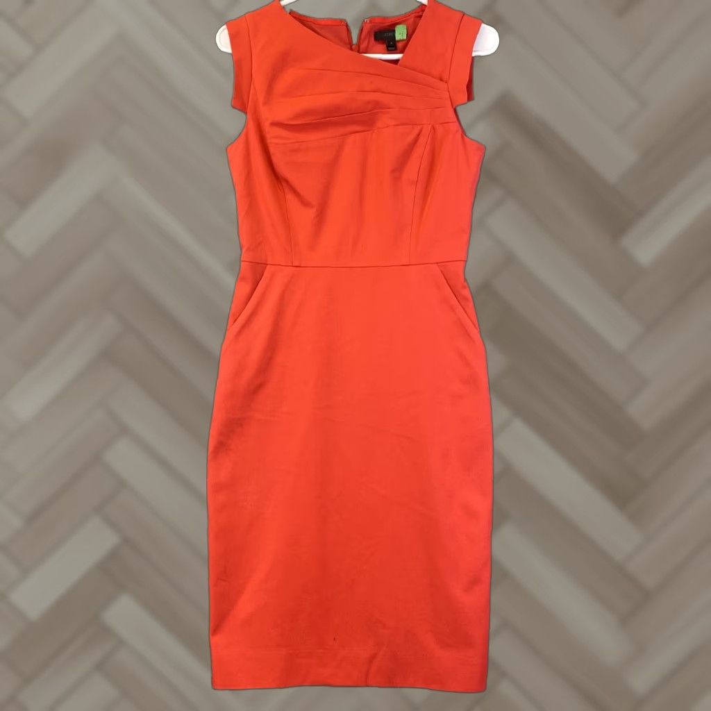 Vintage J Crew Women Sleeveless Orange Dress Size 0 — Regular Sheath Knee Length, Polyester, Round Neck, Zip, Solid, Fall, Spring, Business, 69-20 Size XS / US 0-2 / IT 36-38 - 1 Thumbnail