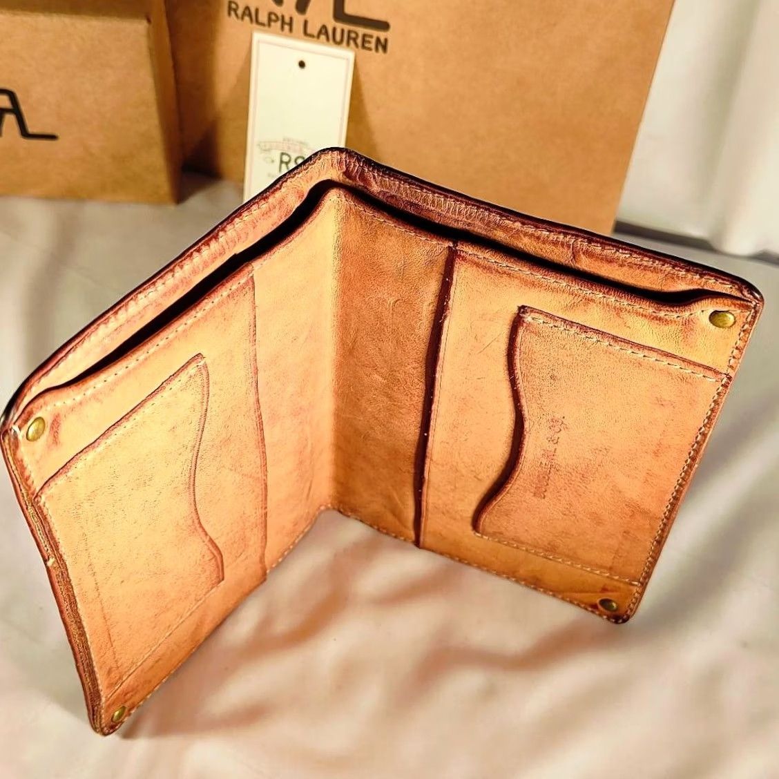 Ralph Lauren RRL Ralph Lauren Wallet Bag Card Holder A-2 Type Logo Eagle Brown Leather Pre-owned Unisex Folding Bifold Card Wallet Mens Womens Boys Girls Size ONE SIZE - 7 Thumbnail