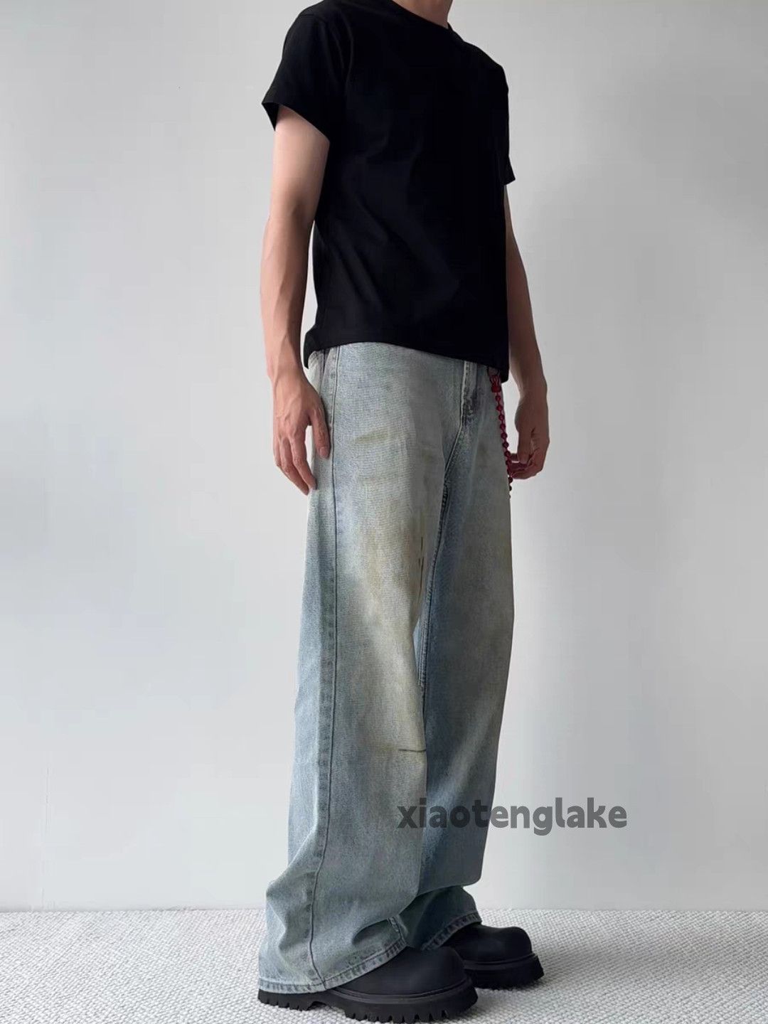 Jean Unisex washed faded stain paint grunge baggy jeans Size US 32 / EU 48 - 6 Thumbnail
