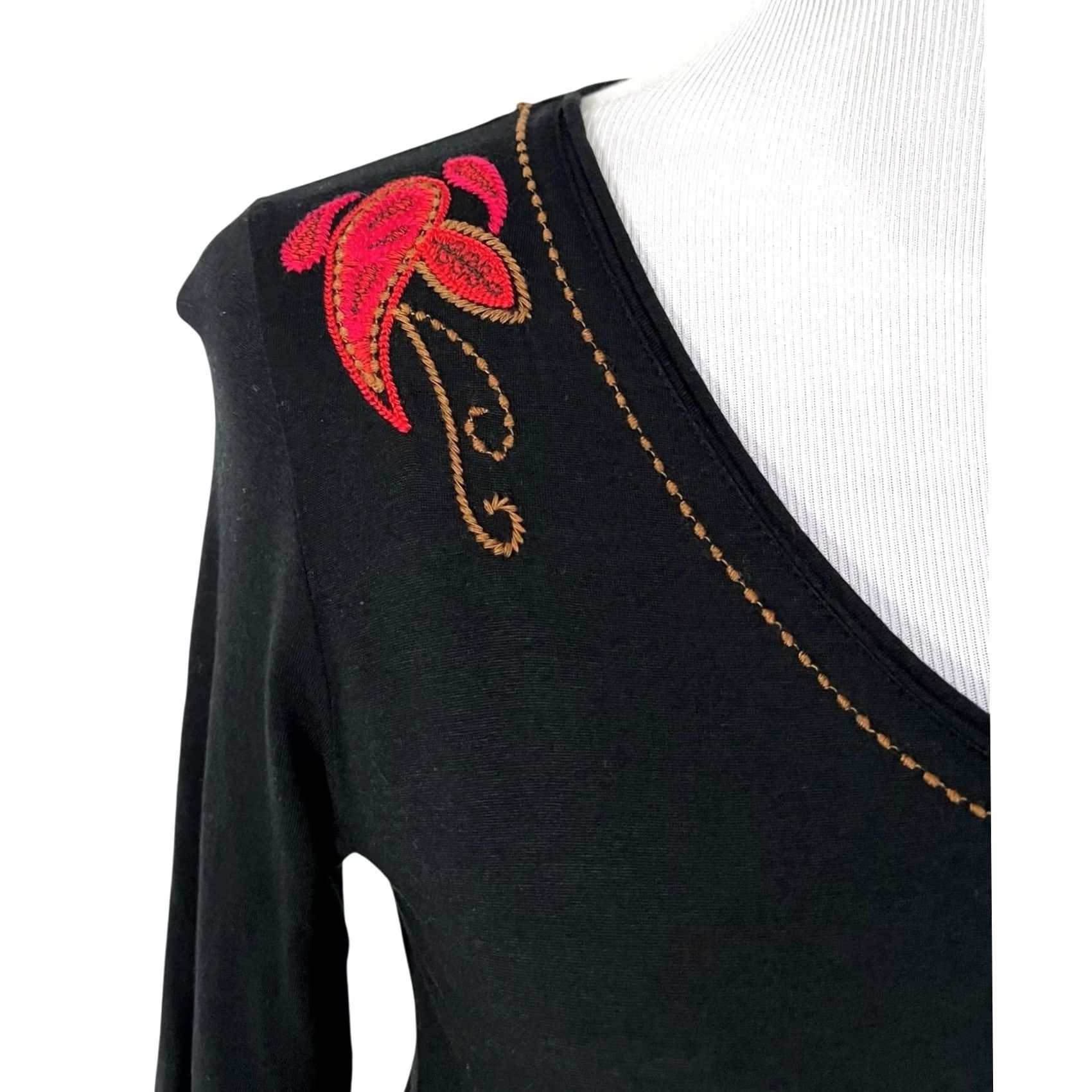 J. Jill VINTAGE J. Jill Embroidered Paisley Tunic Top Blouse Black 3/4 Sleeve XS Womens Tunic Blouse Paisley Embroidered Knit Cotton Modal Size XS / US 0-2 / IT 36-38 - 5 Thumbnail