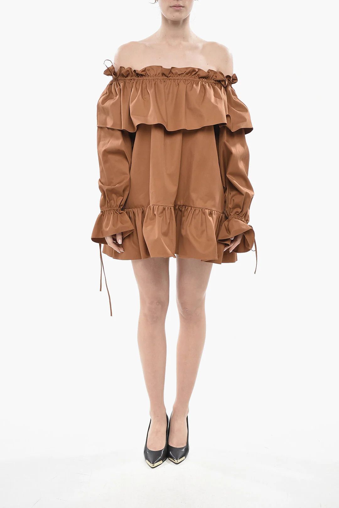 Saint Laurent Paris og1mm0326 Cotton Off-Shoulder Mini Dress in Brown Size S / US 4 / IT 40 - 1 Thumbnail
