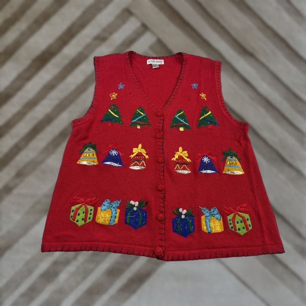 Vintage VINTAGE Victoria Woman Sweater Vest Knit Christmas Embroidery 3X Red Women Sleeveless Cotton Ramie Holiday Christmas Vest Mens? Size XXL / US 16-18 / IT 52-54 - 1 Thumbnail
