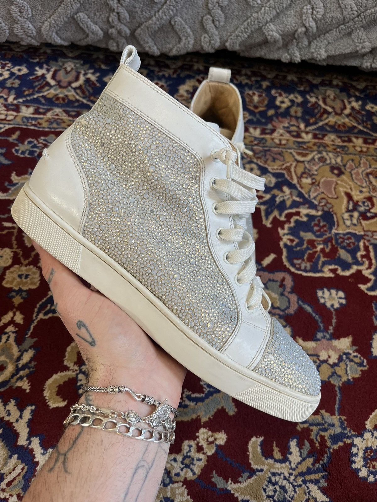 Christian Louboutin Mens Christian Louboutin White Leather Swarovski Sneakers 🔥 Size US 9 / EU 42 - 2 Thumbnail