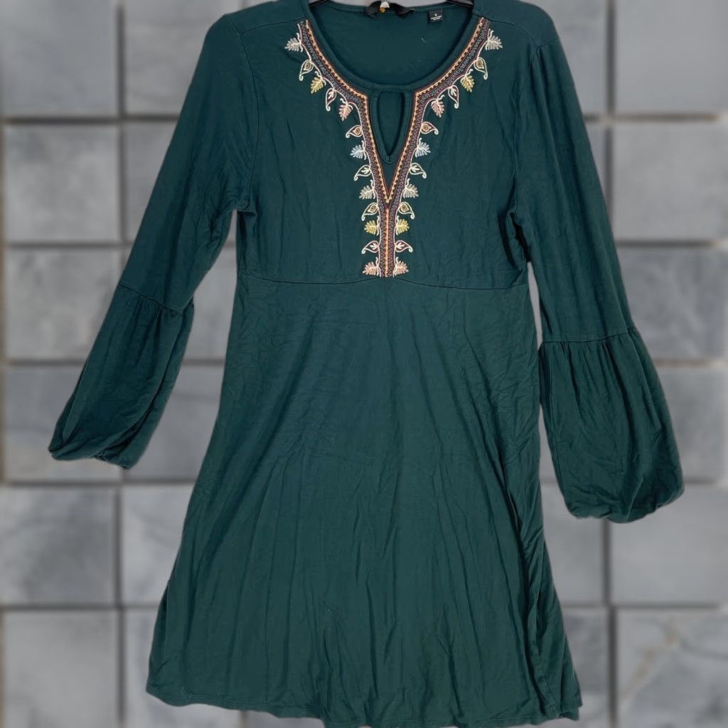 Vintage GNW Dress S Green Embroidered Long Sleeve Midi A-Line Bohemian Boho Casual Womens Size S / US 4 / IT 40 - 1 Thumbnail