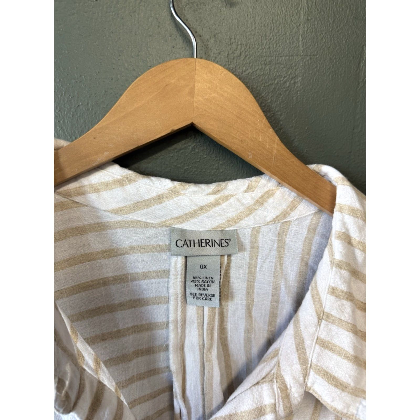 Vintage Catherines Womens Plus 0X White Linen Striped Long Sleeve Button Up Shirt Size XL / US 12-14 / IT 48-50 - 3 Thumbnail