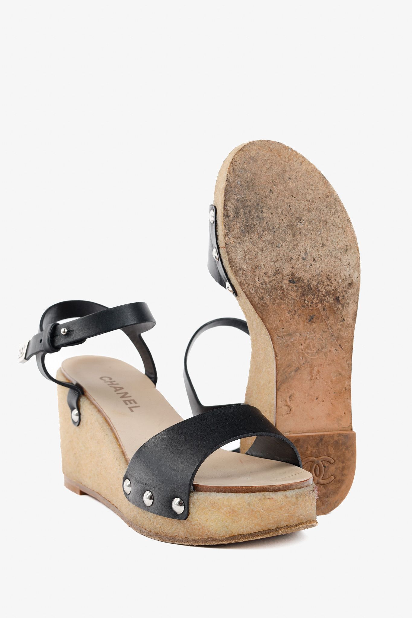 Chanel Chanel Black Leather Platform Wedge Sandals Size US 4 / IT 34 - 4 Thumbnail
