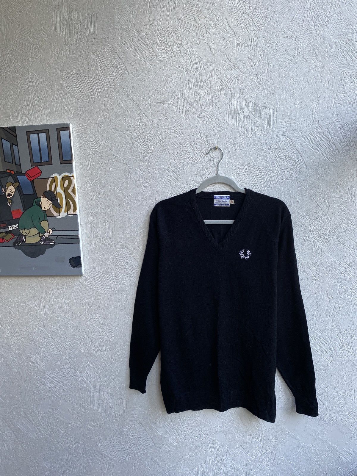 【デッドストック80s】FREDPERRYブラック Vネックニット38イギリス製