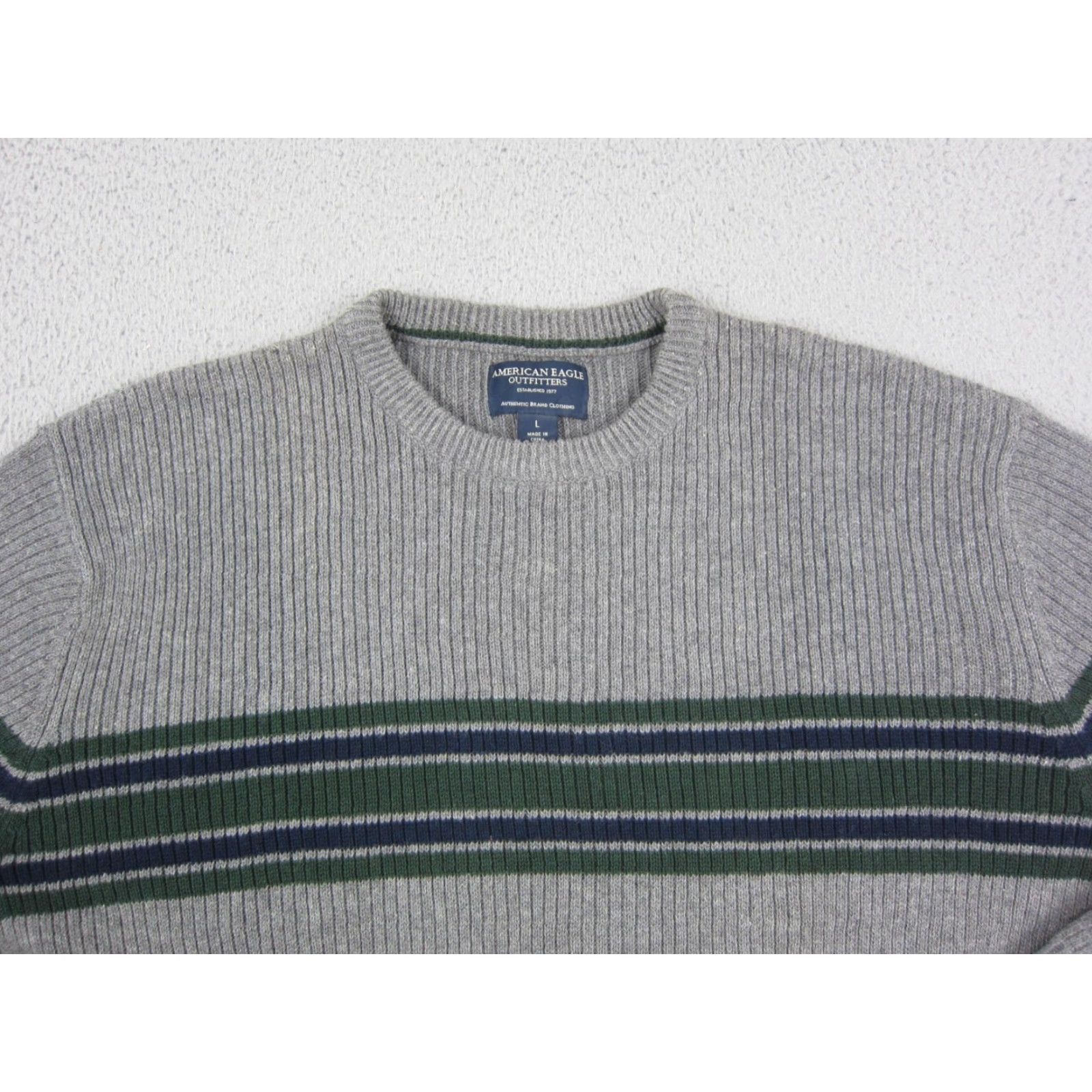 American Eagle Outfitters VINTAGE American Eagle Outfitters Sweater Mens L Gray Striped Knit Cotton Ramie Crew Neck Pullover All Seasons Casual Top Shirt Size US L / EU 52-54 / 3 - 2 Thumbnail
