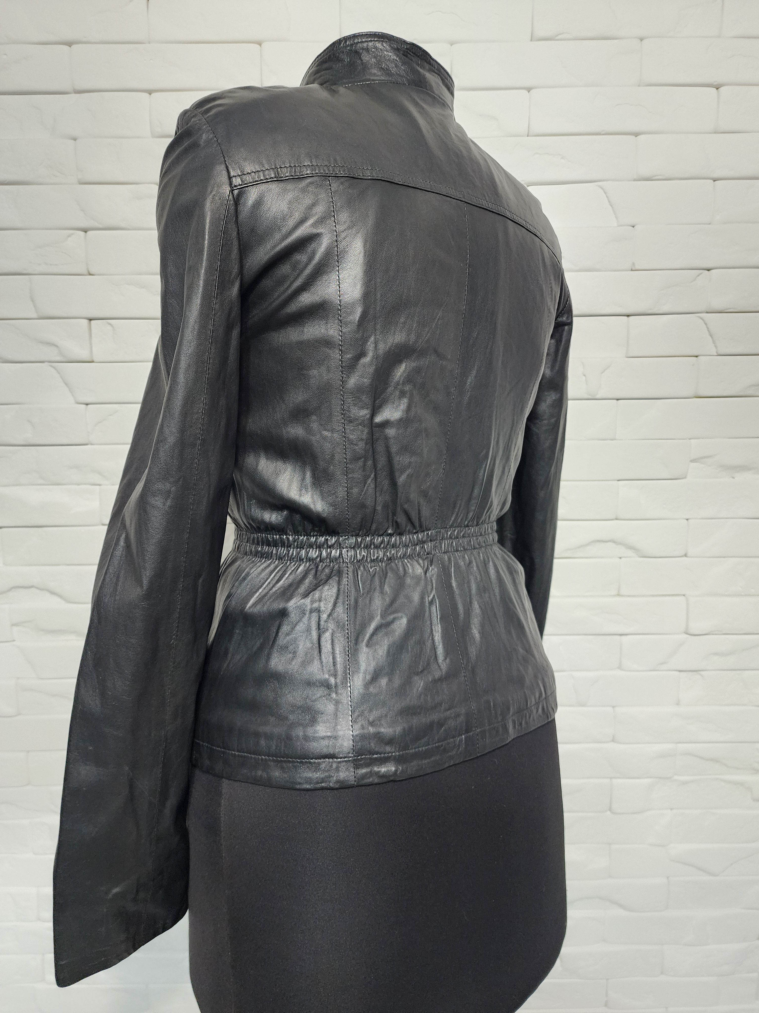 Genuine Leather Quilted Black Leather Jacket: Collarless Zip-Up Size M / US 6-8 / IT 42-44 - 7 Thumbnail