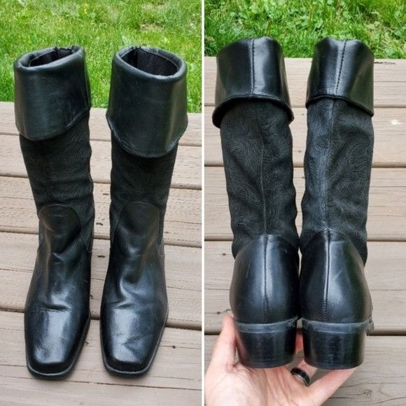 Vintage Vintage 90s y2k Black Floral Leather Fold Over Chunky Boots Size US 8.5 / IT 38.5 - 6 Thumbnail