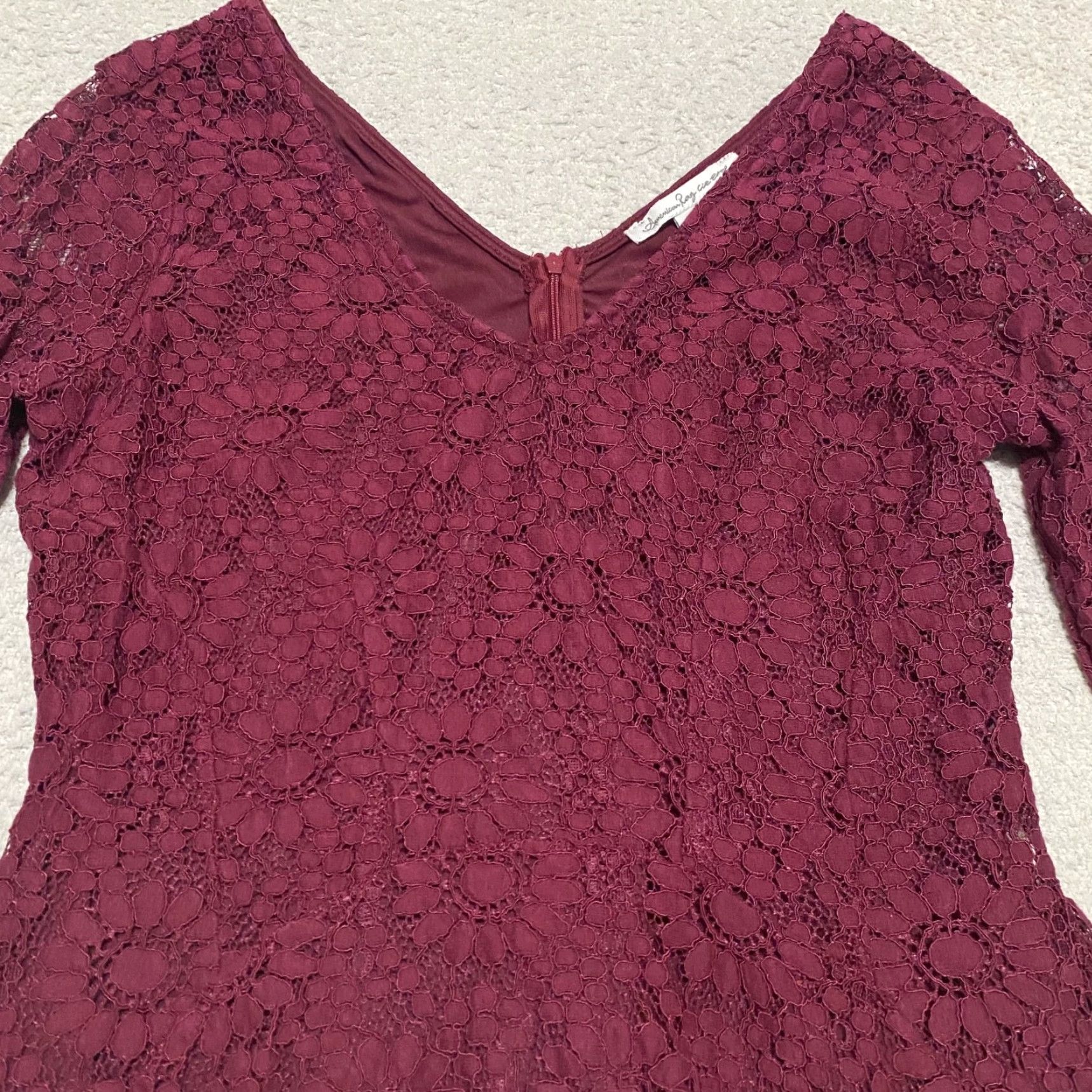 Vintage American Rag Cie Dress Womens Large Burgundy Lace Bell Sleeve Fit & Flare Short Dress L Size L / US 10 / IT 46 - 5 Thumbnail