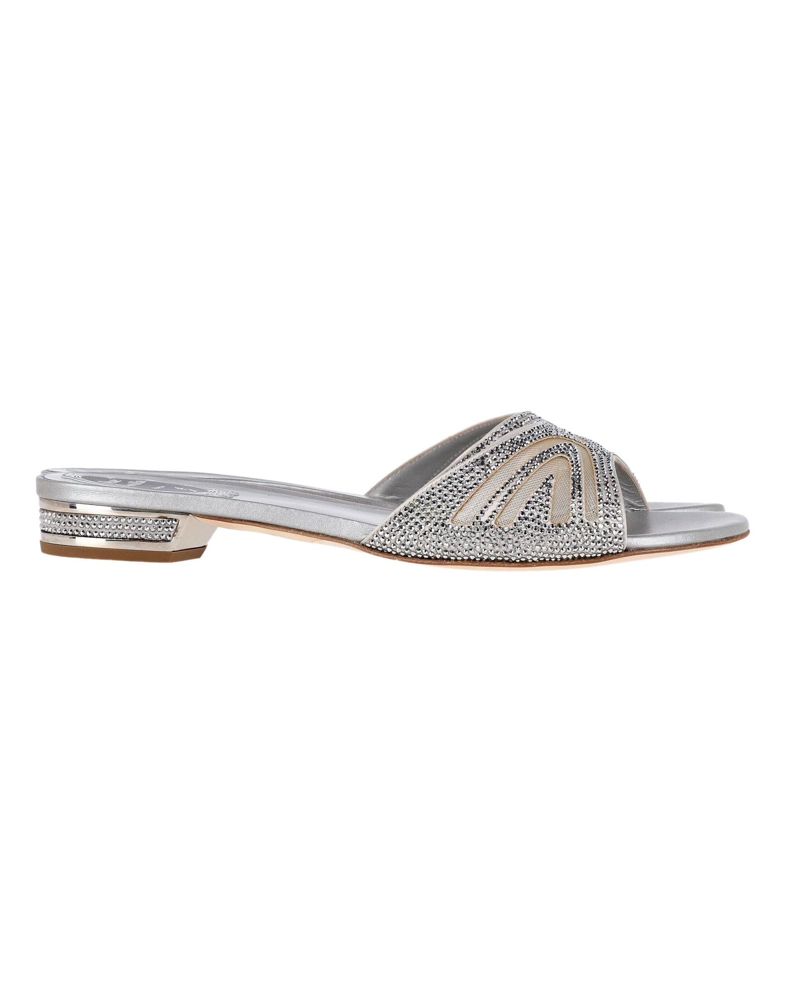 image of Rene Caovilla Embellished Silver Leather Flats, Women's (Size 9)