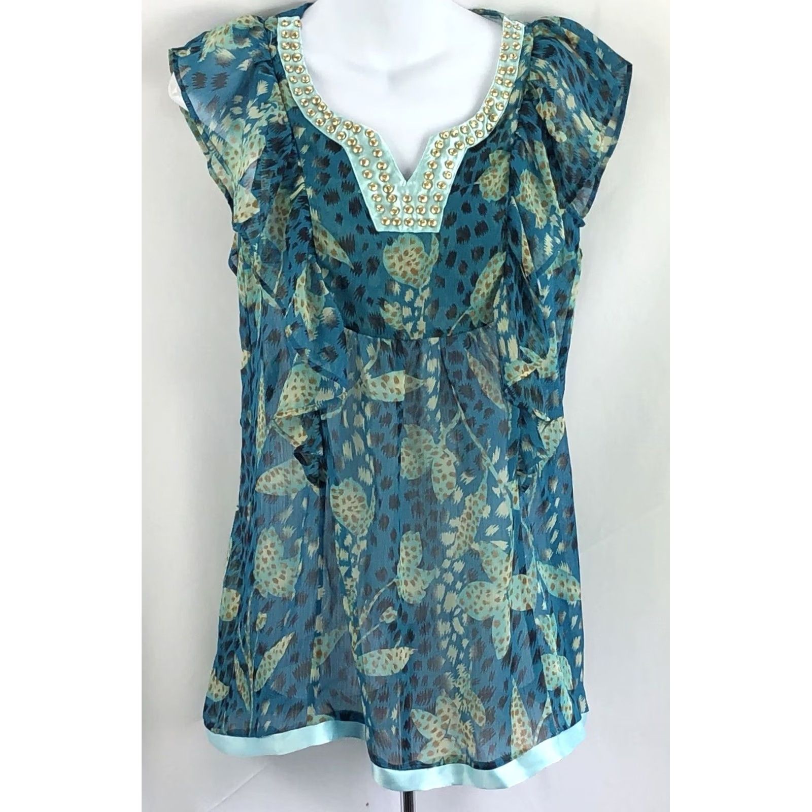 Vintage VINTAGE NY Collection Blouse Shirt S Blue Floral Beads Ruffles Satin Trim Chiffon Bohemian Hippie Size S / US 4 / IT 40 - 4 Thumbnail