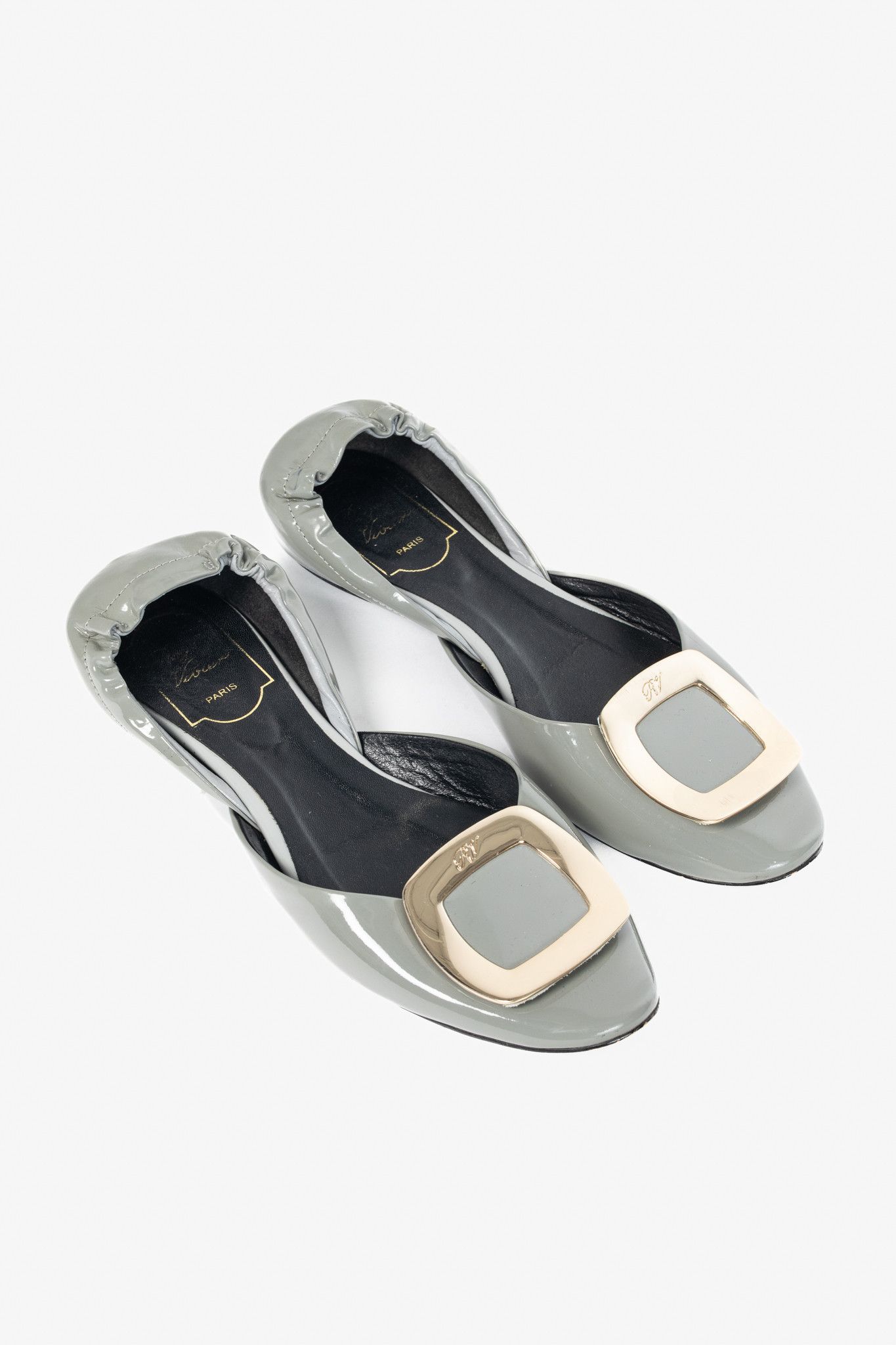 Roger Vivier Roger Vivier Chips Grey Patent Leather Buckle Scrunch Flats Size US 6.5 / IT 36.5 - 1 Thumbnail