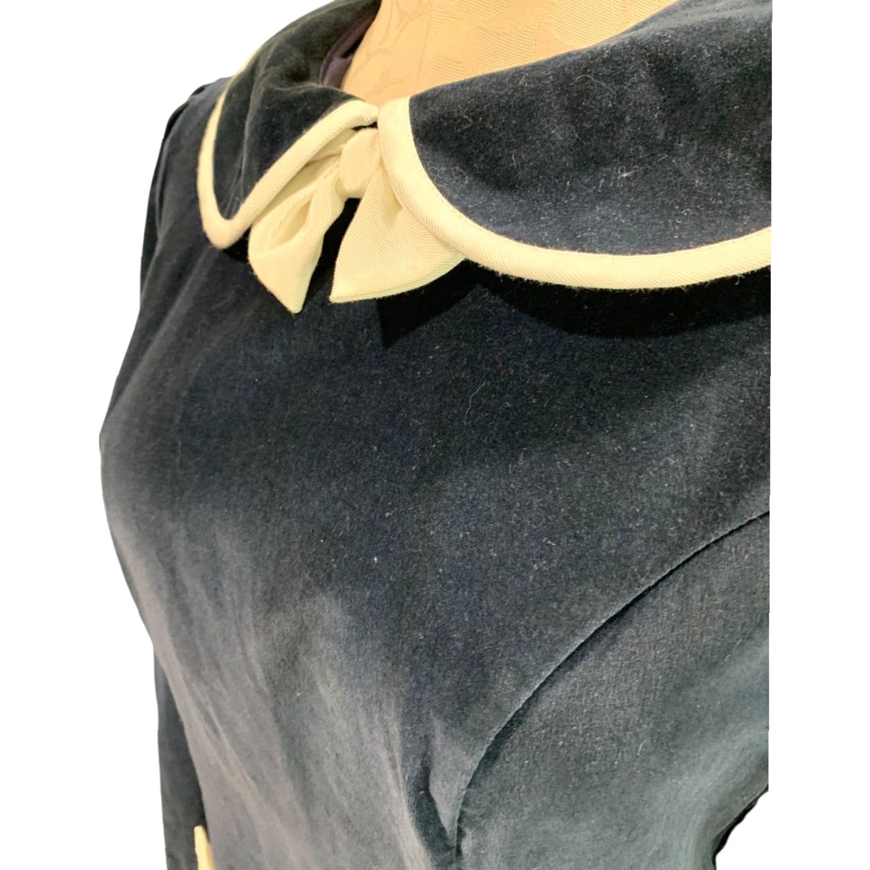 Velvet VINTAGE 1960s Velvet Dress Navy Blue Ivory Box Trim Midi Women M Navy Box Velvet Dress 1960s Womens M Size M / US 6-8 / IT 42-44 - 5 Thumbnail