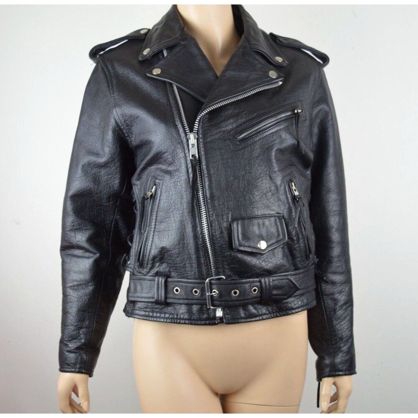 image of Vintage Highway One S Womens Black Leather Motorcycle Moto Zip Up Jacket Coat in White (Size Small)