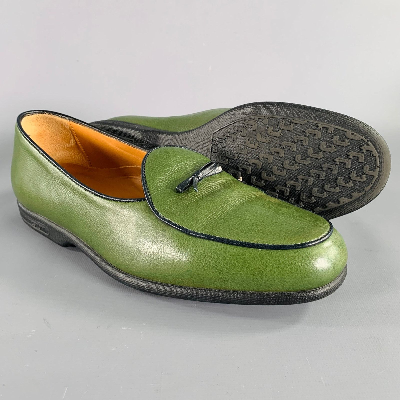 Testoni 8 Green Black Contrast Stitch Leather Slip On Loafers Size US 8 / EU 41 - 5 Thumbnail