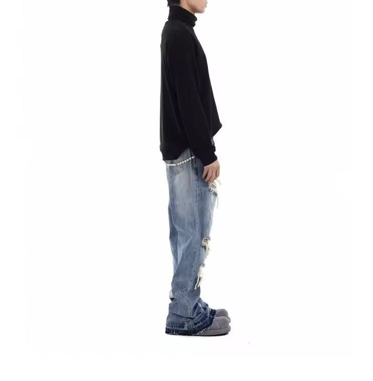 Japanese Brand Streetwear Straight Distressed Blue Y2k Holes Jeans Swag Size US 28 / EU 44 - 3 Thumbnail