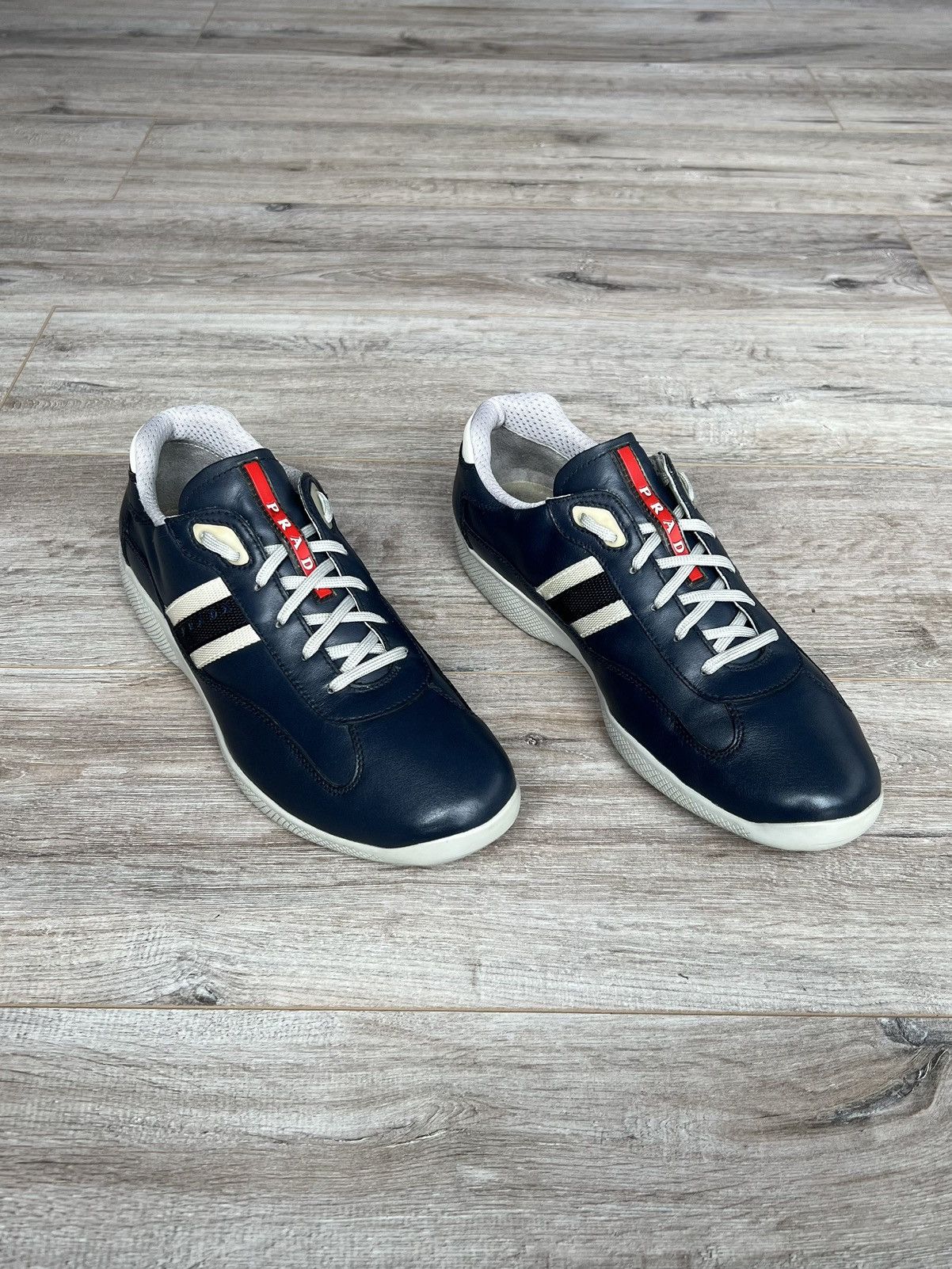 image of Prada Sneakers Leather Americas Cup Red Tab Low-Top in Blue, Men's (Size 11)
