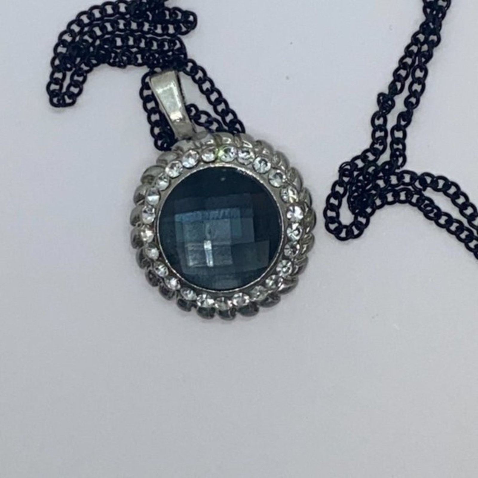 Handmade Silver-Tone Texture Blue Rhinestone Black Necklace Size ONE SIZE - 2 Thumbnail